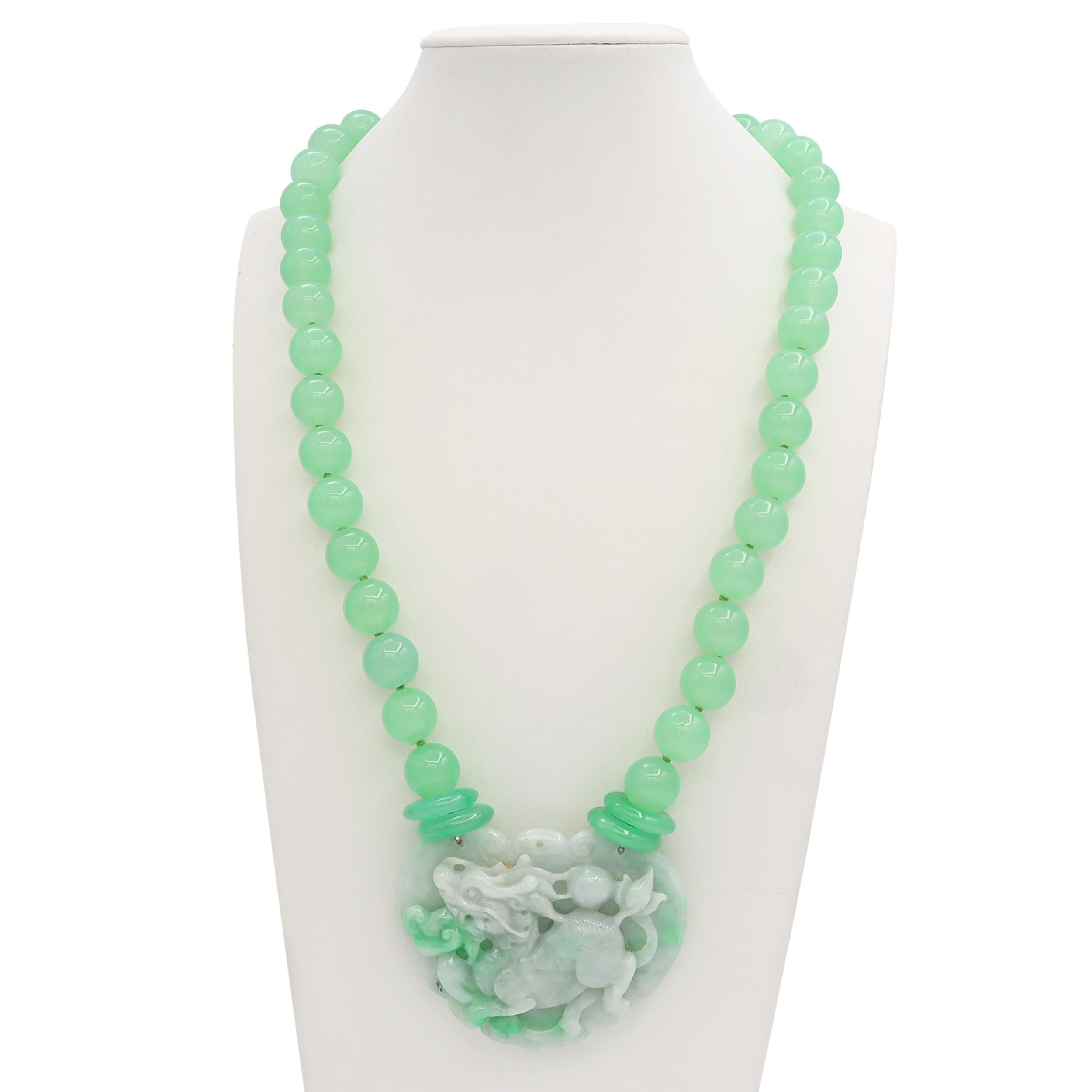 Vintage Carved Jadeite Dragon with Jadeite Beaded Strand Necklace