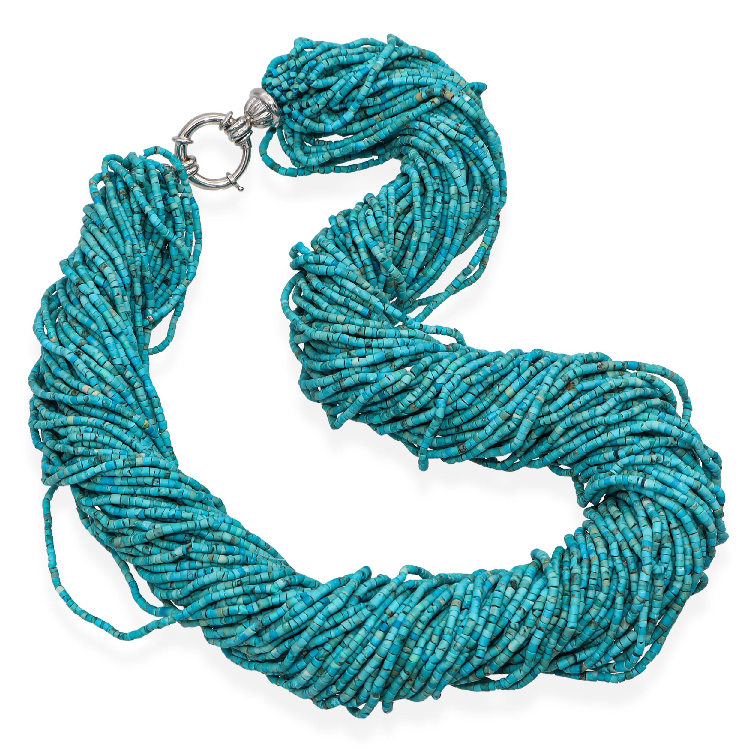 Vintage 14k White Gold Multistrand Turquoise Heishi Bead Necklace