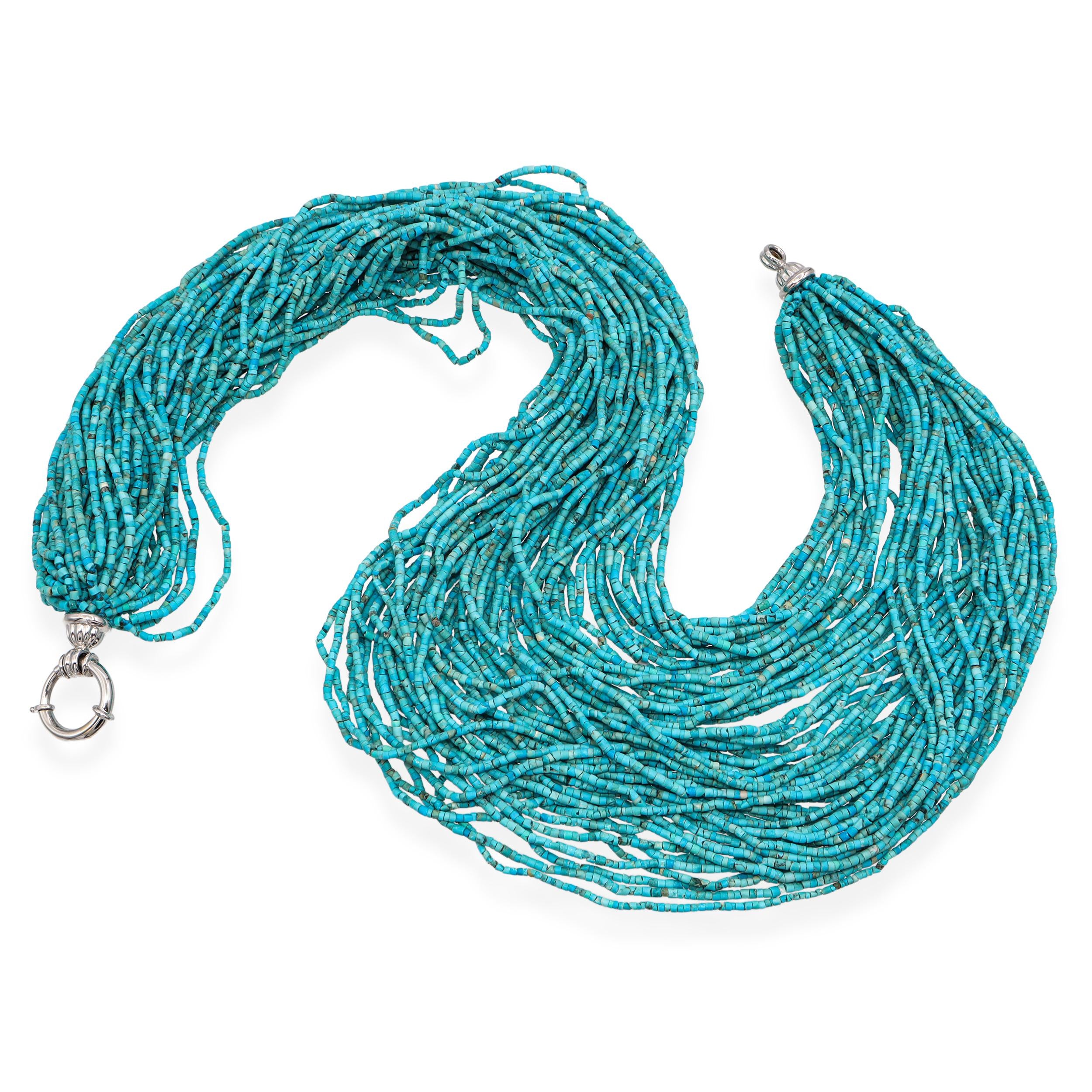 Vintage 14k White Gold Multistrand Turquoise Heishi Bead Necklace