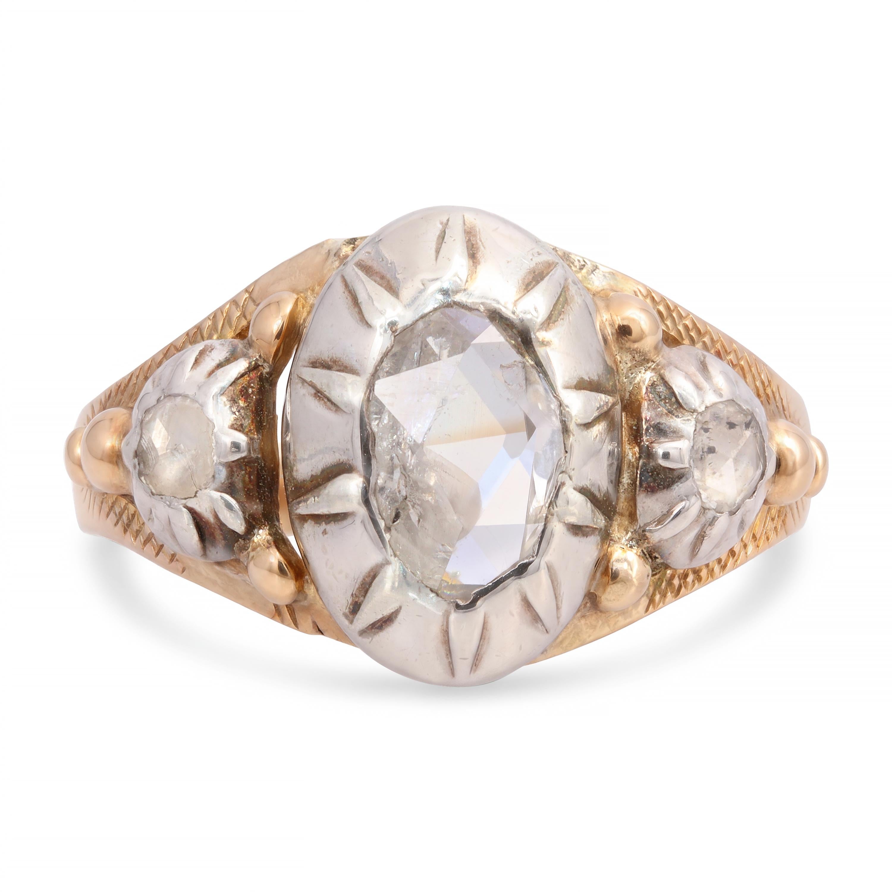 Antique Silver Topped Gold Rose Cut Oval Diamond Three Stone Ring