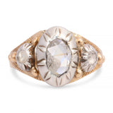 Antique Silver Topped Gold Rose Cut Oval Diamond Three Stone Ring