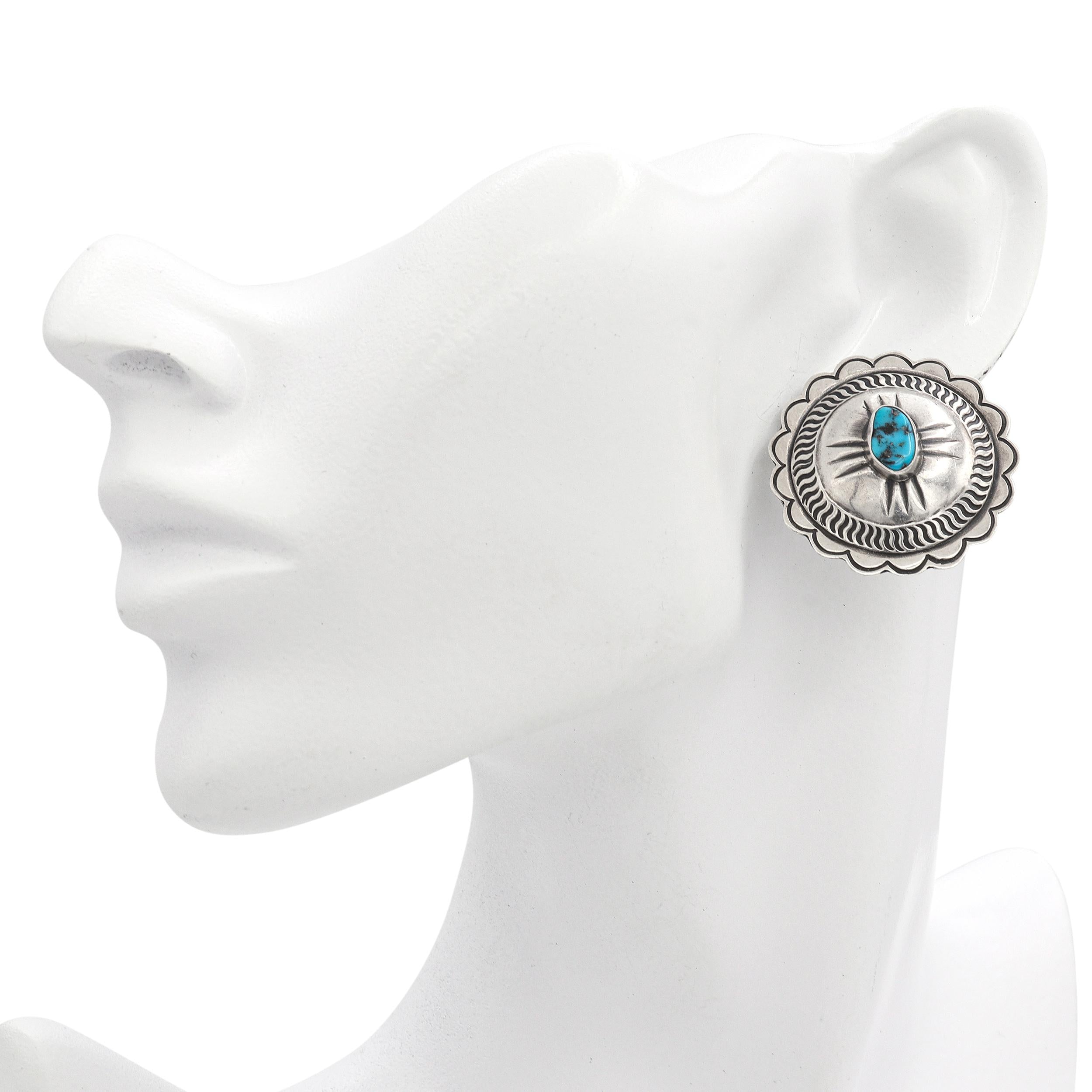 Vintage Navajo MJ Signed Sterling Silver Turquoise Concho Clip On Earrings
