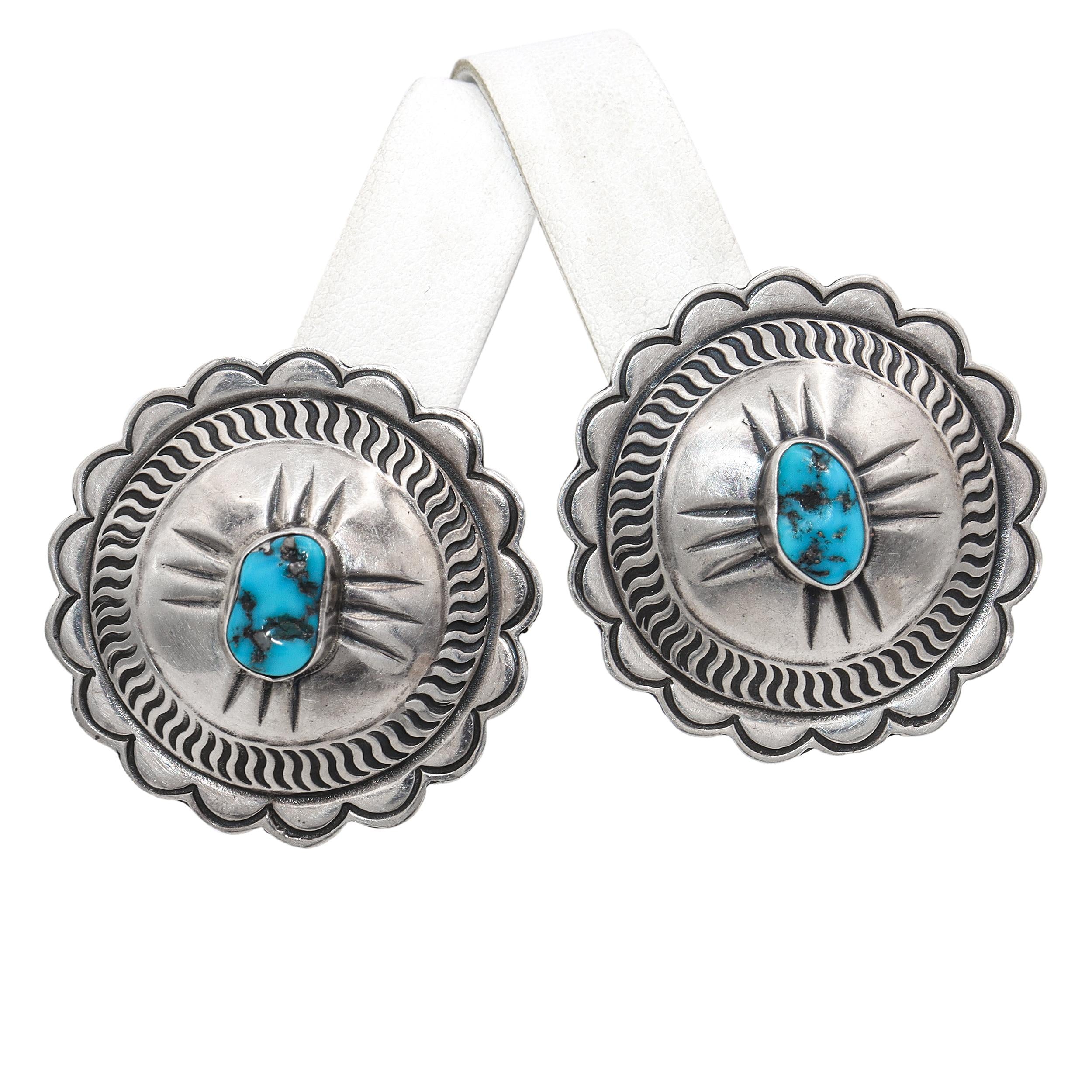 Vintage Navajo MJ Signed Sterling Silver Turquoise Concho Clip On Earrings