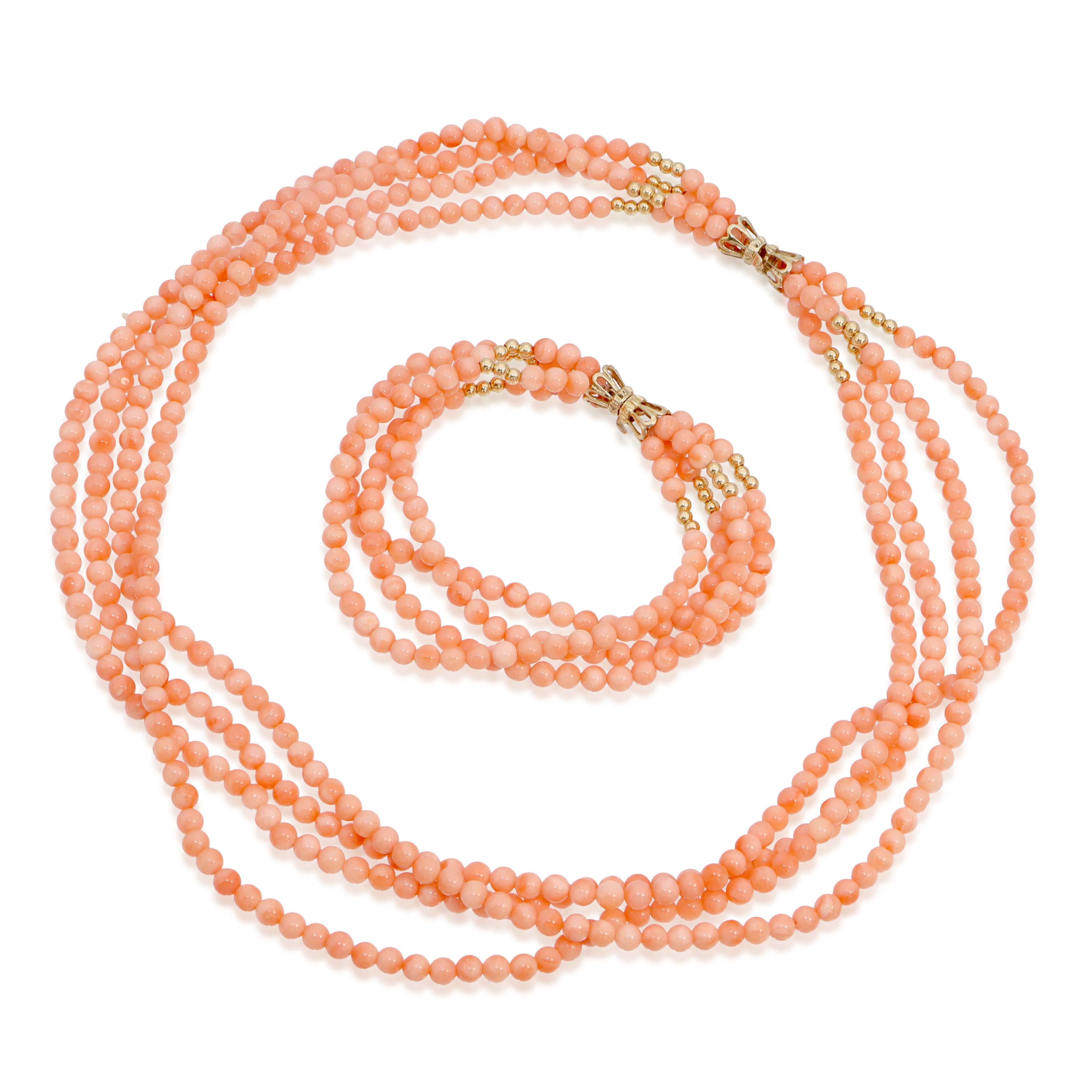 14k Yellow Gold Salmon Coral Multi-Strand Convertible Necklace & Bracelet Set