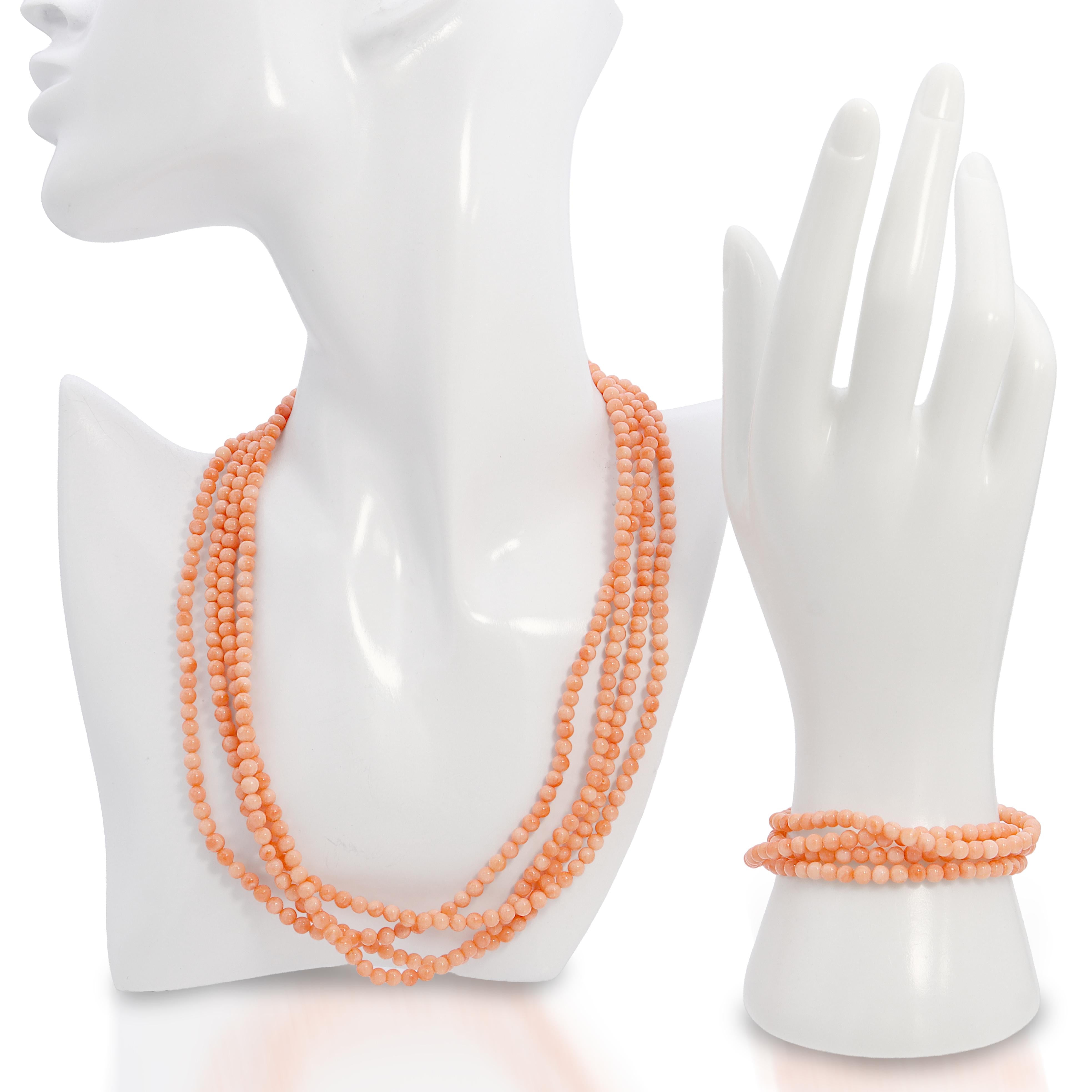 14k Yellow Gold Salmon Coral Multi-Strand Convertible Necklace & Bracelet Set