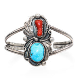 Vintage Max Largo Navajo Sterling Silver Turquoise and Coral Cuff Bracelet