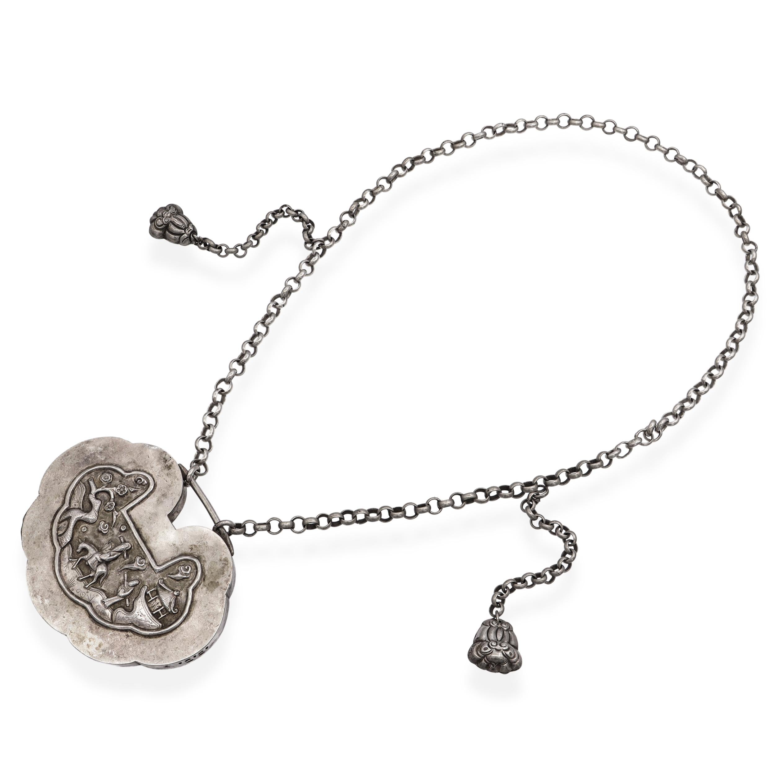 Vintage Silver Chinese Ruyi Lock and Bell Strand Necklace