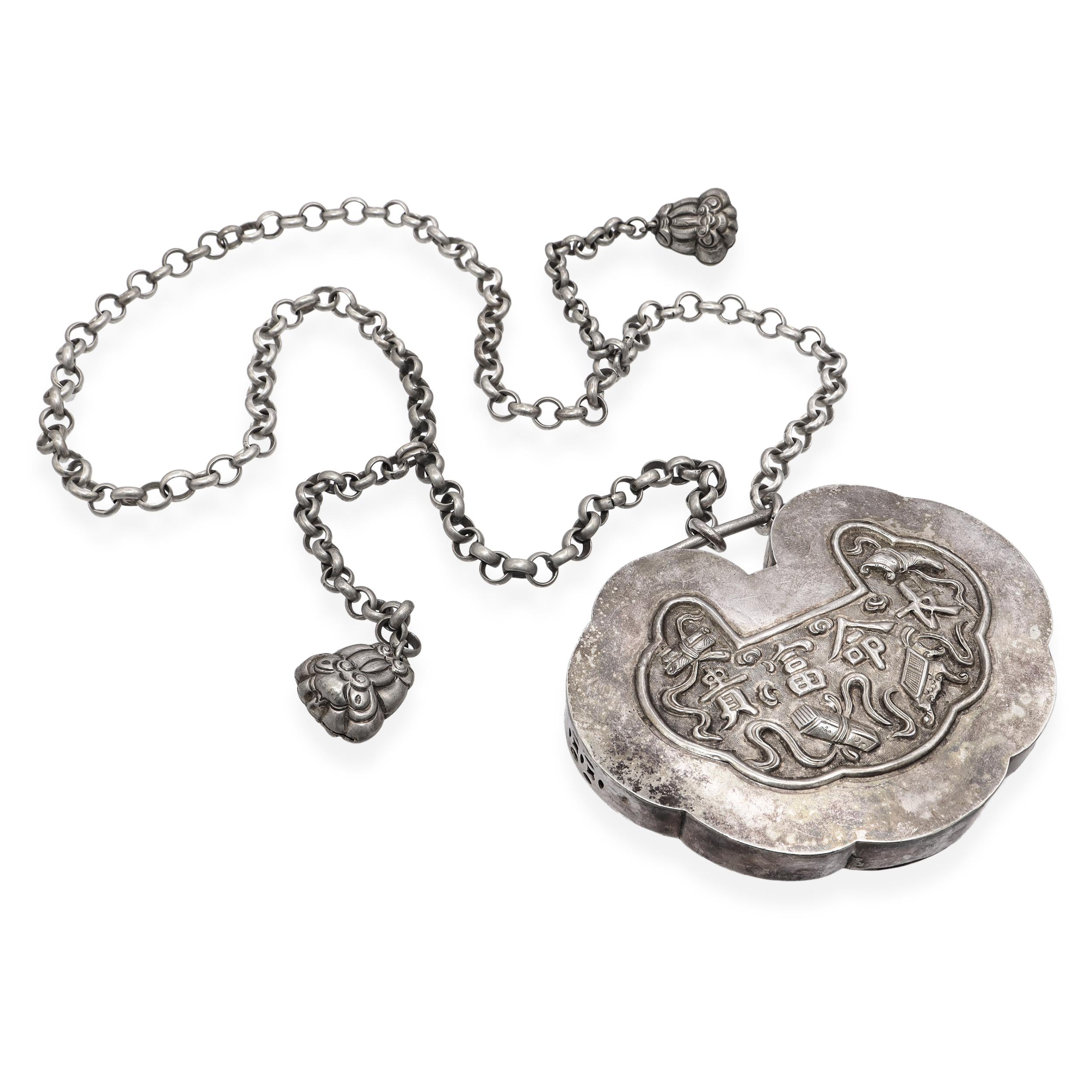 Vintage Silver Chinese Ruyi Lock and Bell Strand Necklace