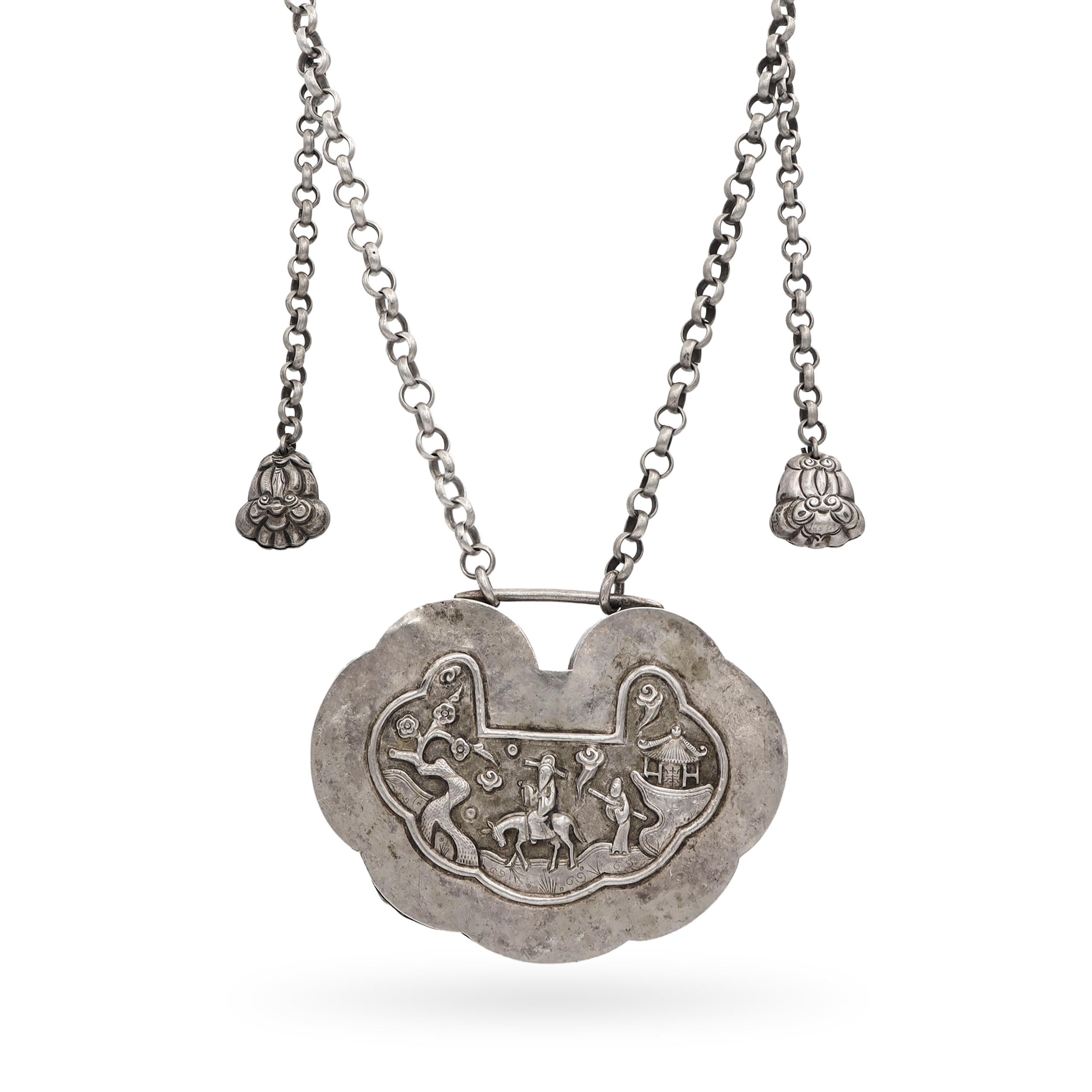 Vintage Silver Chinese Ruyi Lock and Bell Strand Necklace