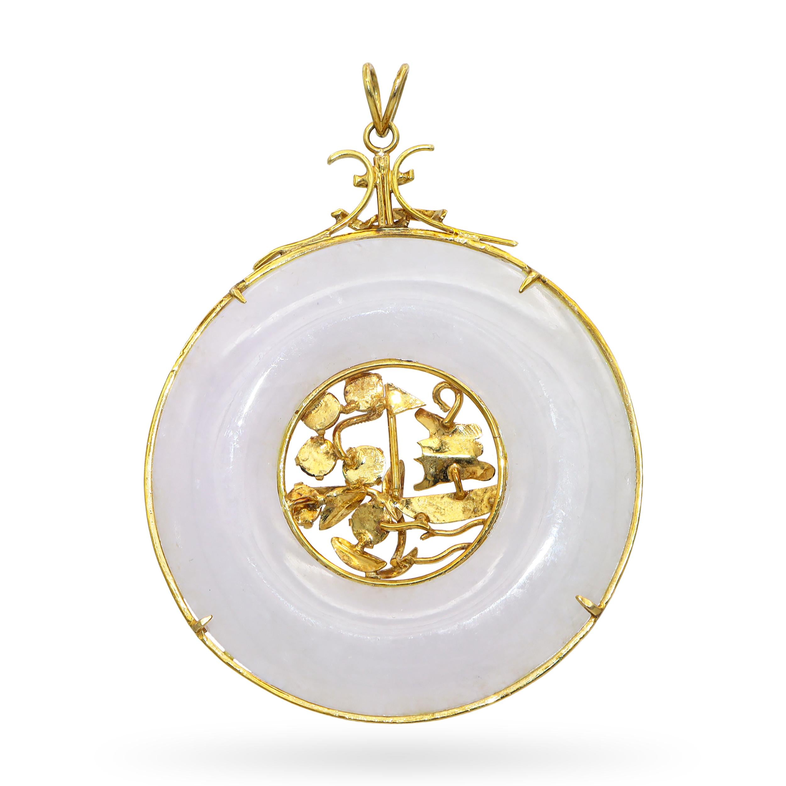 Vintage 14k Yellow Gold Frame Jadeite Donut Pendant