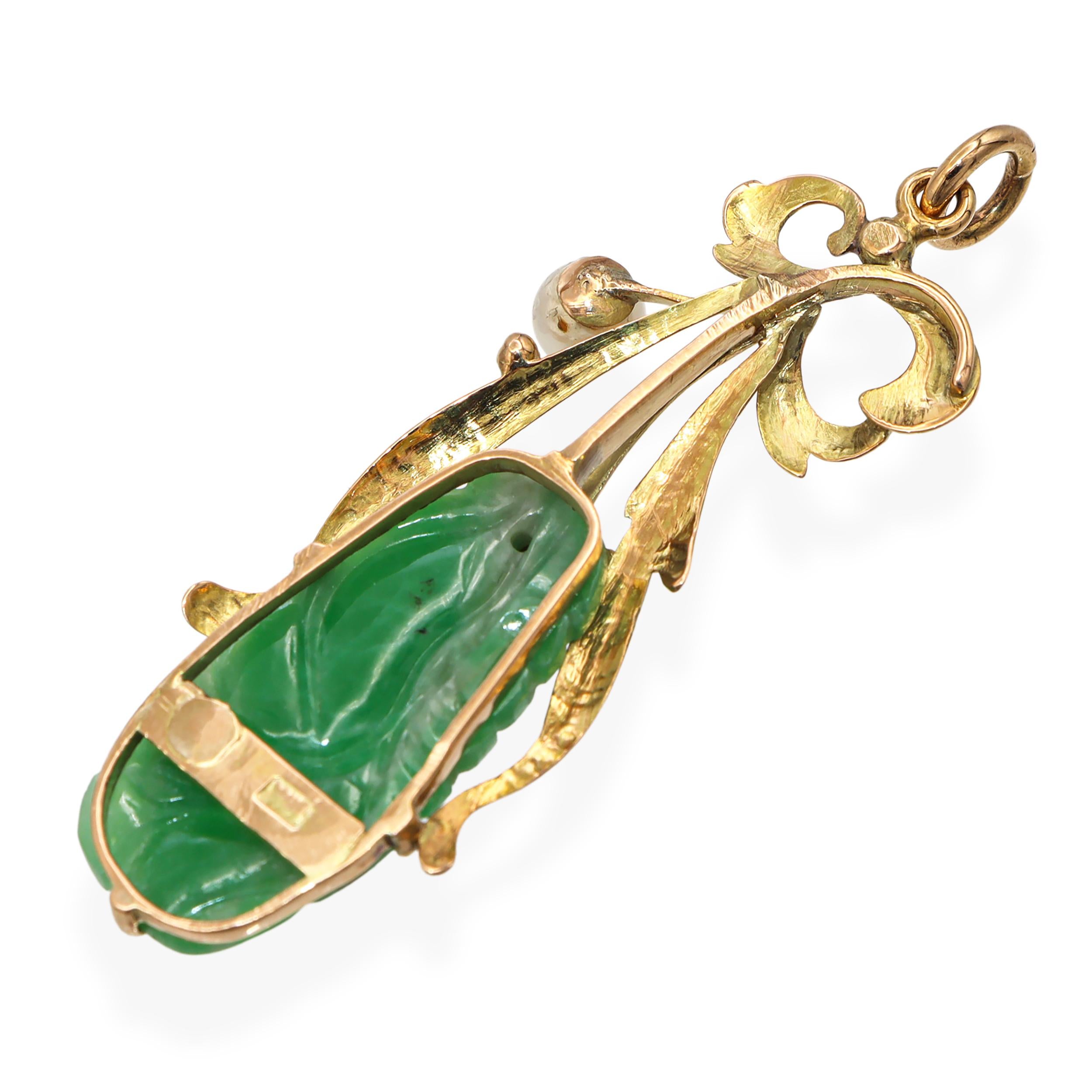 Vintage 13k Yellow Gold Jade and Pearl Floral Pendant