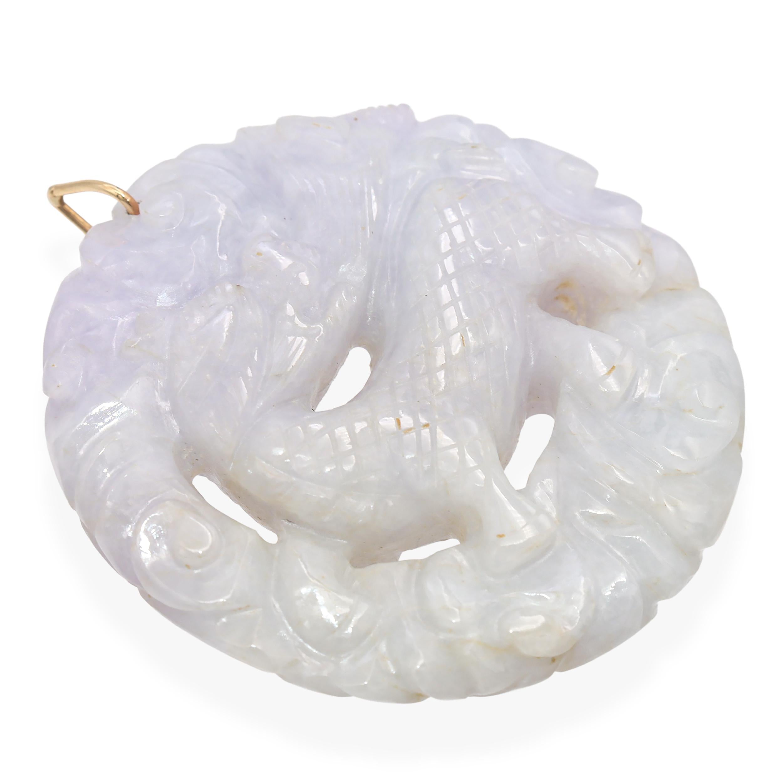 Vintage Yellow Gold Lavender Jadeite Dragon Carving Pendant