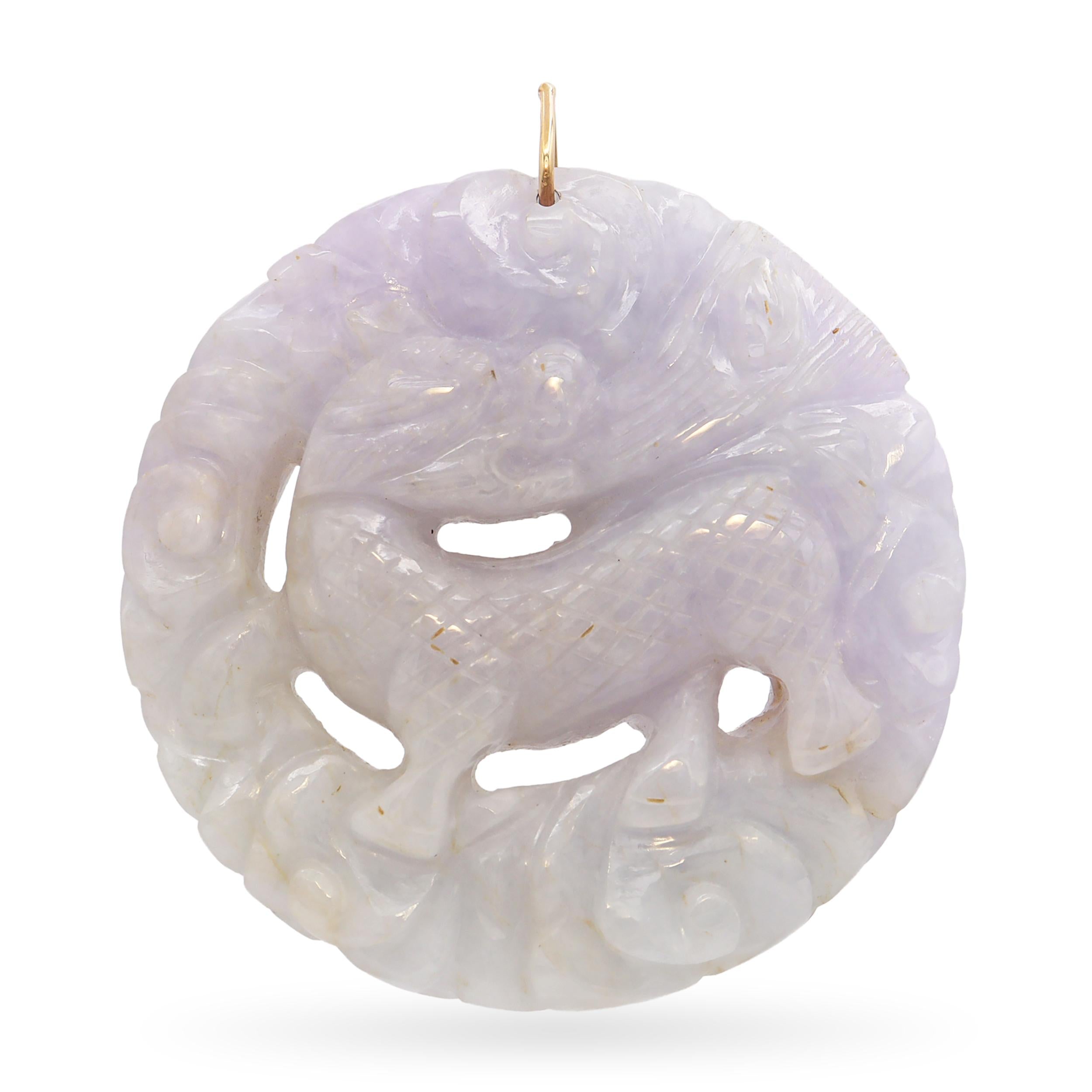 Vintage Yellow Gold Lavender Jadeite Dragon Carving Pendant
