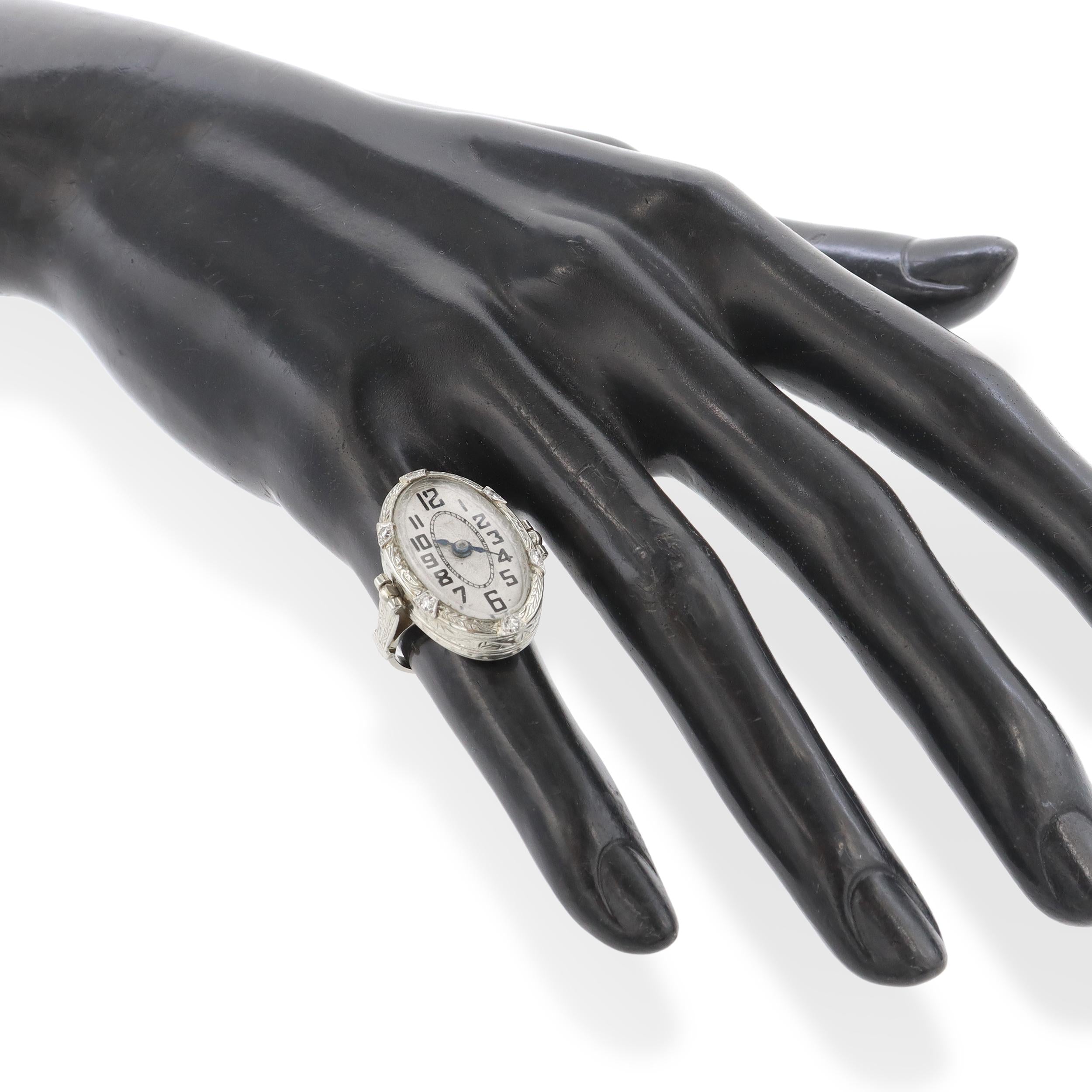 Vintage White Gold and Diamond Handwind Watch Ring