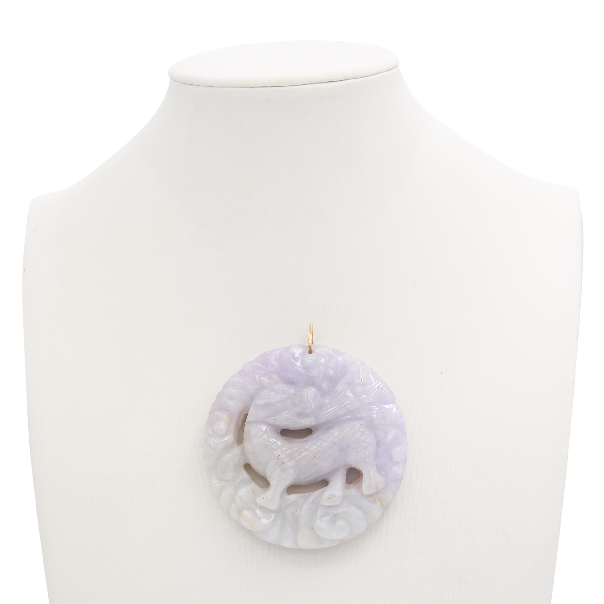 Vintage Yellow Gold Lavender Jadeite Dragon Carving Pendant