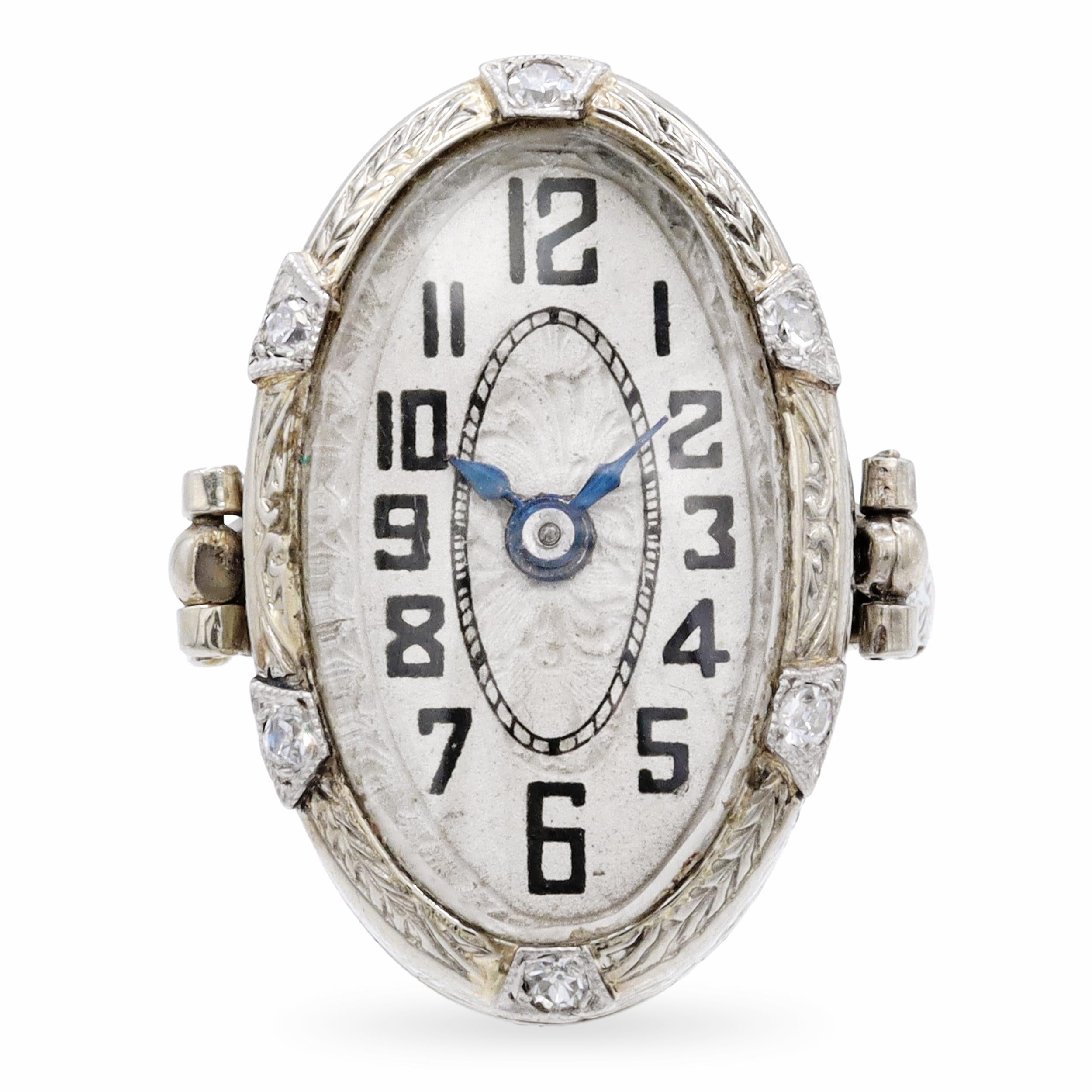 Vintage White Gold and Diamond Handwind Watch Ring