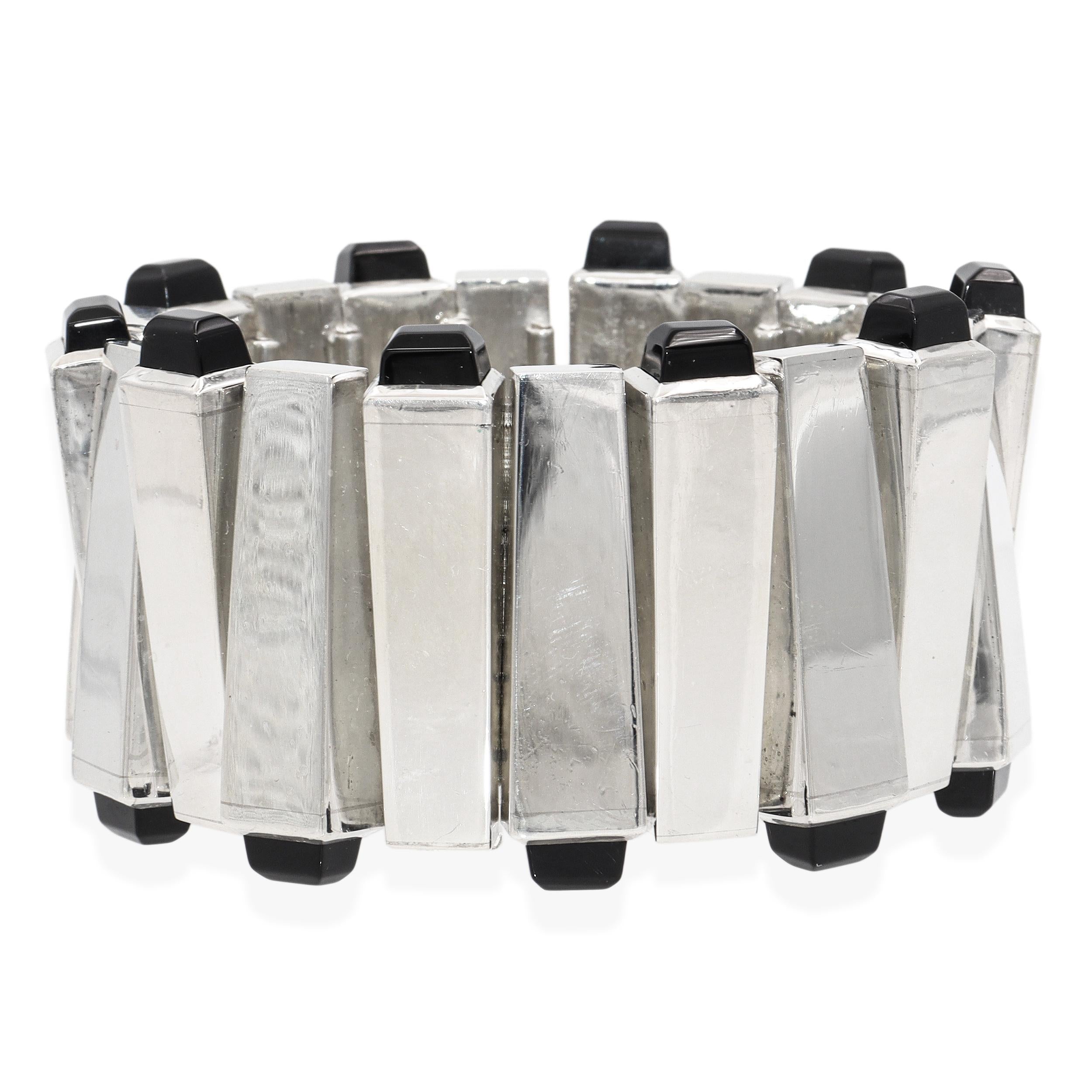 Vintage Jondell Mexican Sterling Silver Black Onyx Modernist Wide Link Bracelet