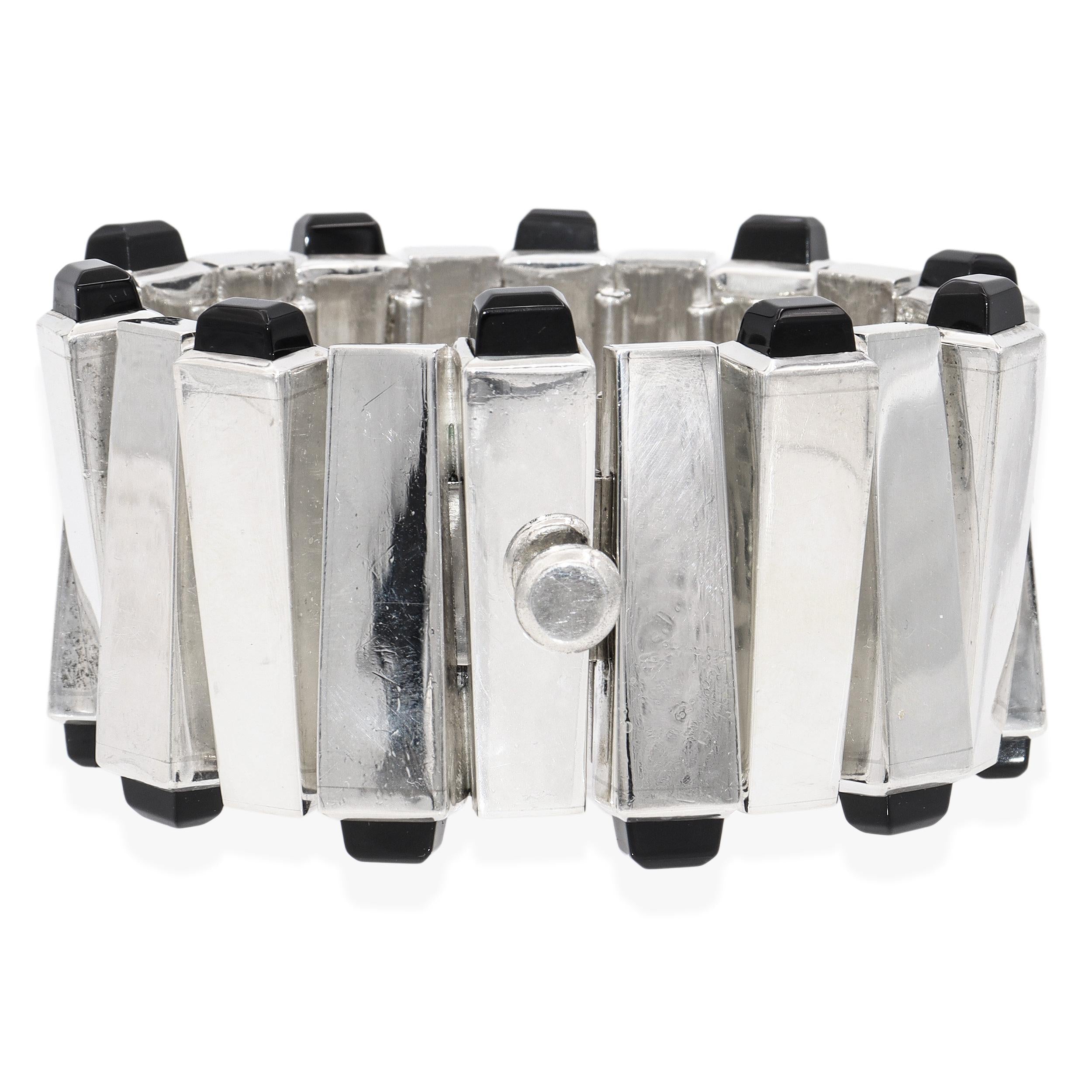 Vintage Jondell Mexican Sterling Silver Black Onyx Modernist Wide Link Bracelet