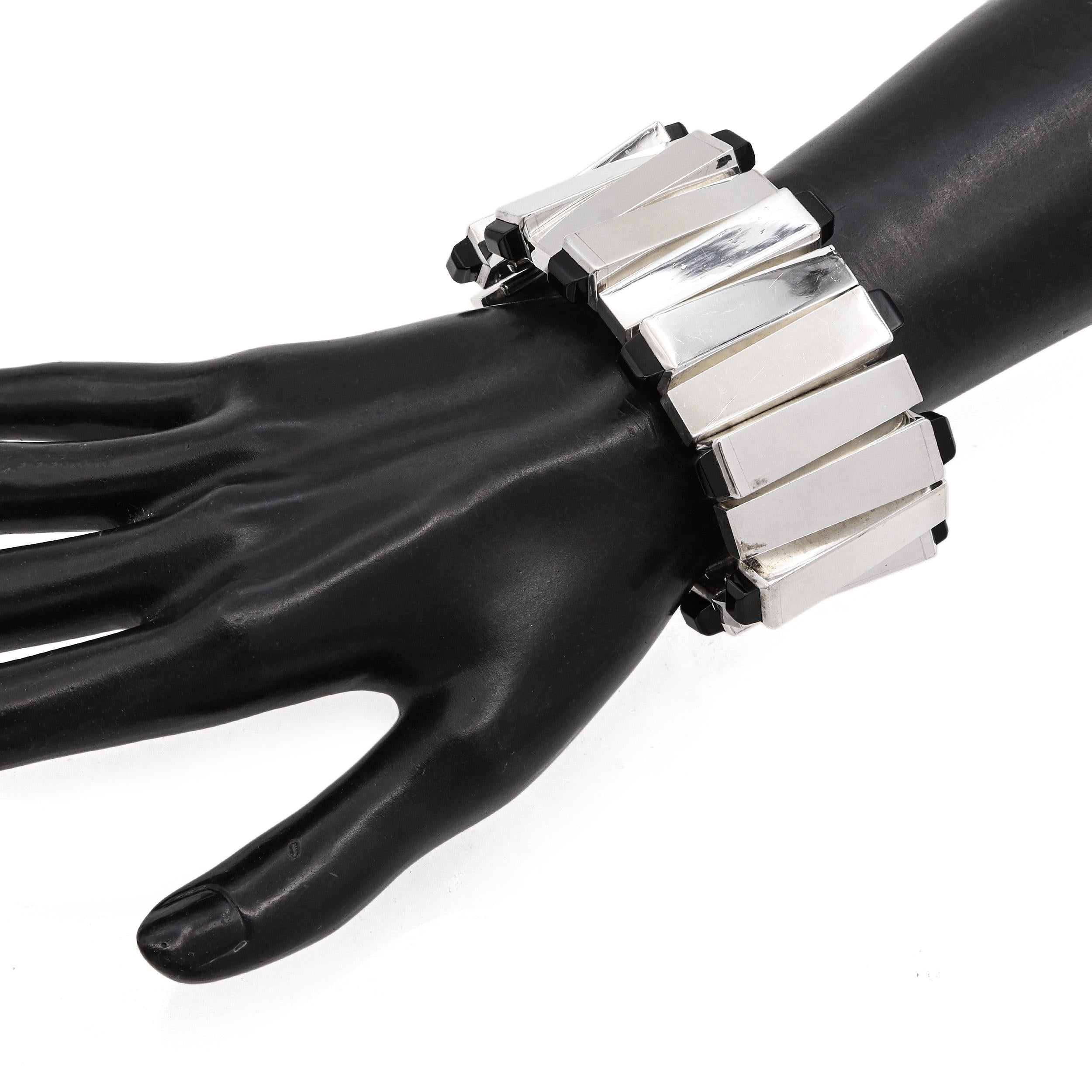 Vintage Jondell Mexican Sterling Silver Black Onyx Modernist Wide Link Bracelet