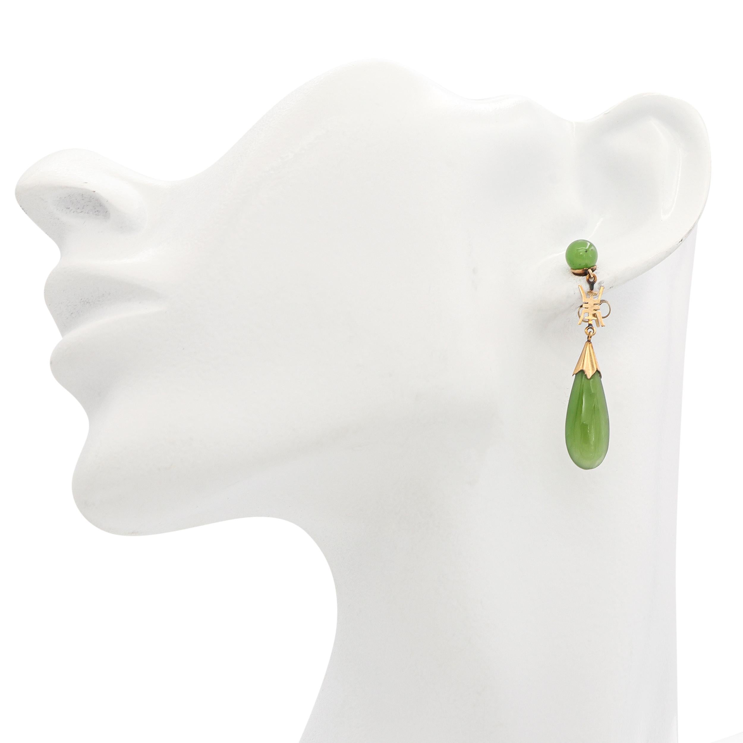 Vintage 12K Gold Nephrite Jade Drop Earrings