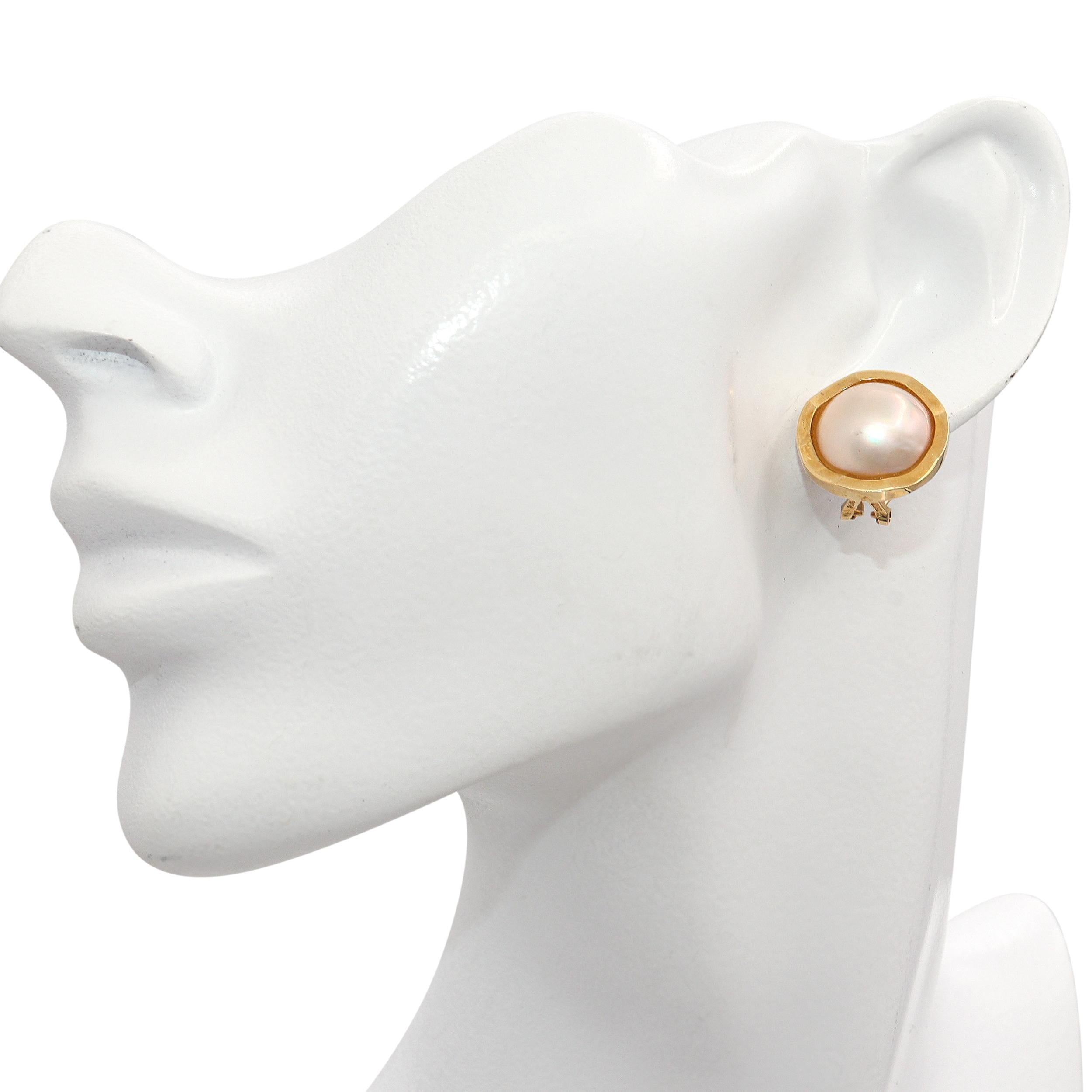 Vintage 14K Yellow Gold Mabe Pearl Omega Back Earrings