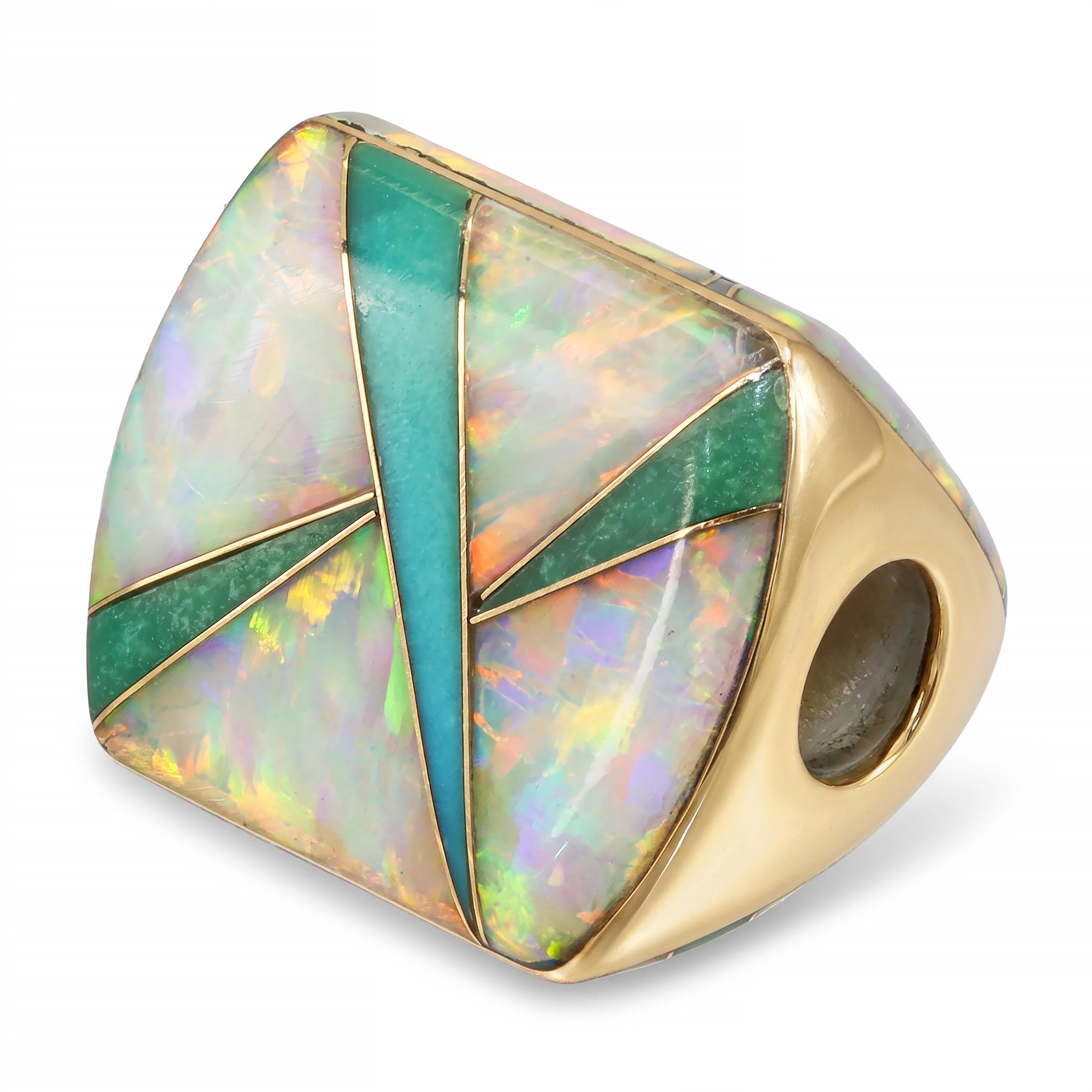 14k Yellow Gold Opal and Turquoise Inlay Sliding Bead Pendant