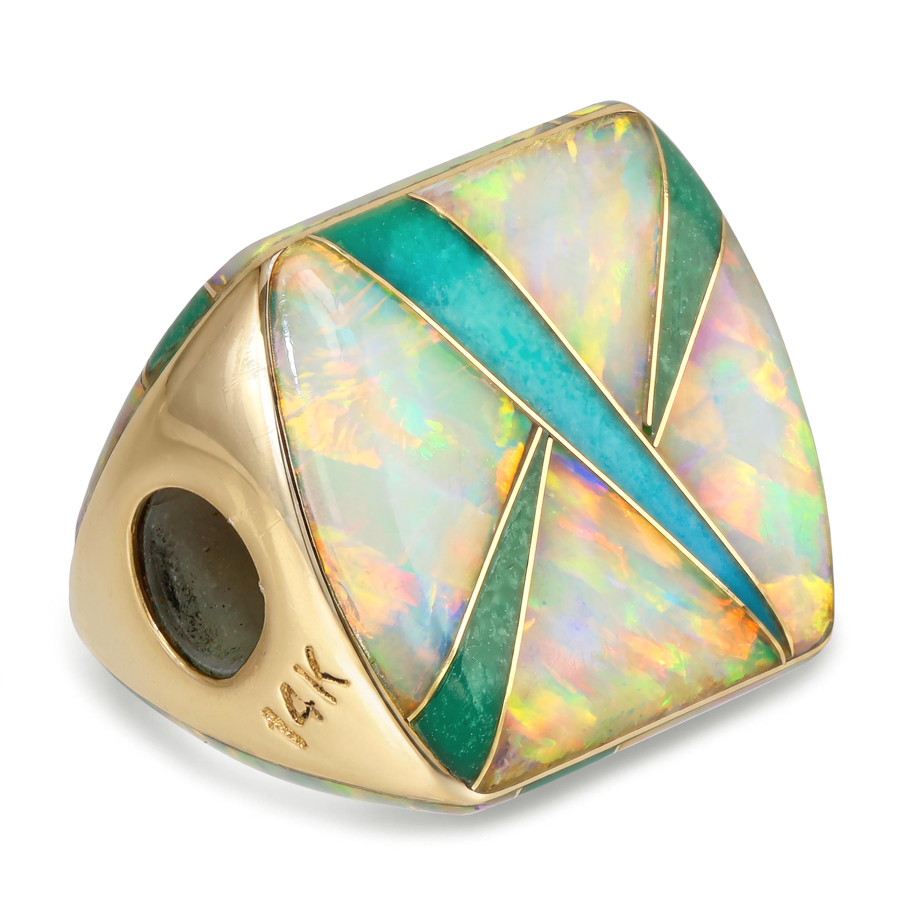 14k Yellow Gold Opal and Turquoise Inlay Sliding Bead Pendant