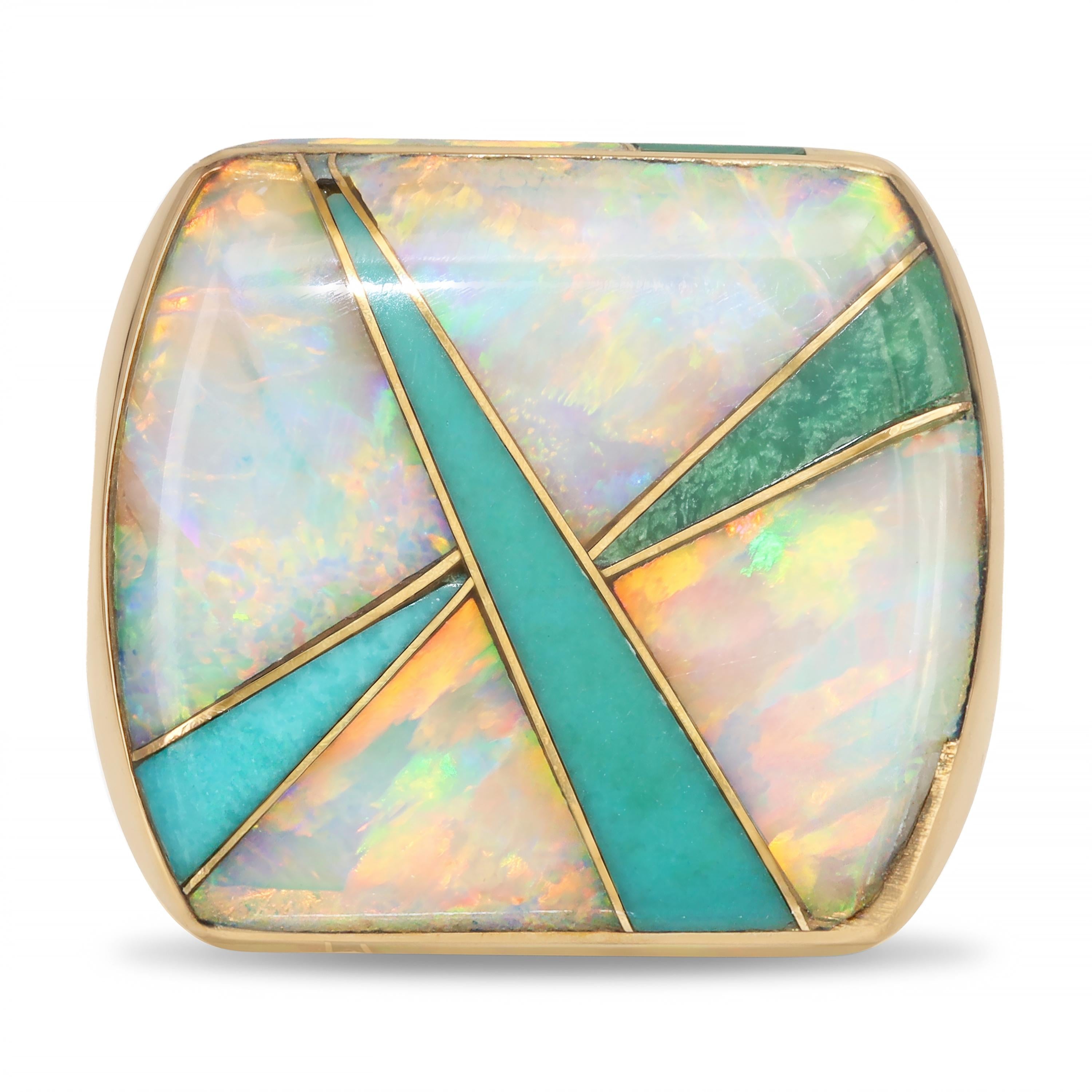 14k Yellow Gold Opal and Turquoise Inlay Sliding Bead Pendant
