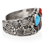 Vintage Gilbert Damon Navajo Sterling Silver Turquoise & Coral Cuff Bracelet