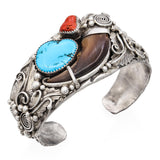 Vintage Gilbert Damon Navajo Sterling Silver Turquoise & Coral Cuff Bracelet