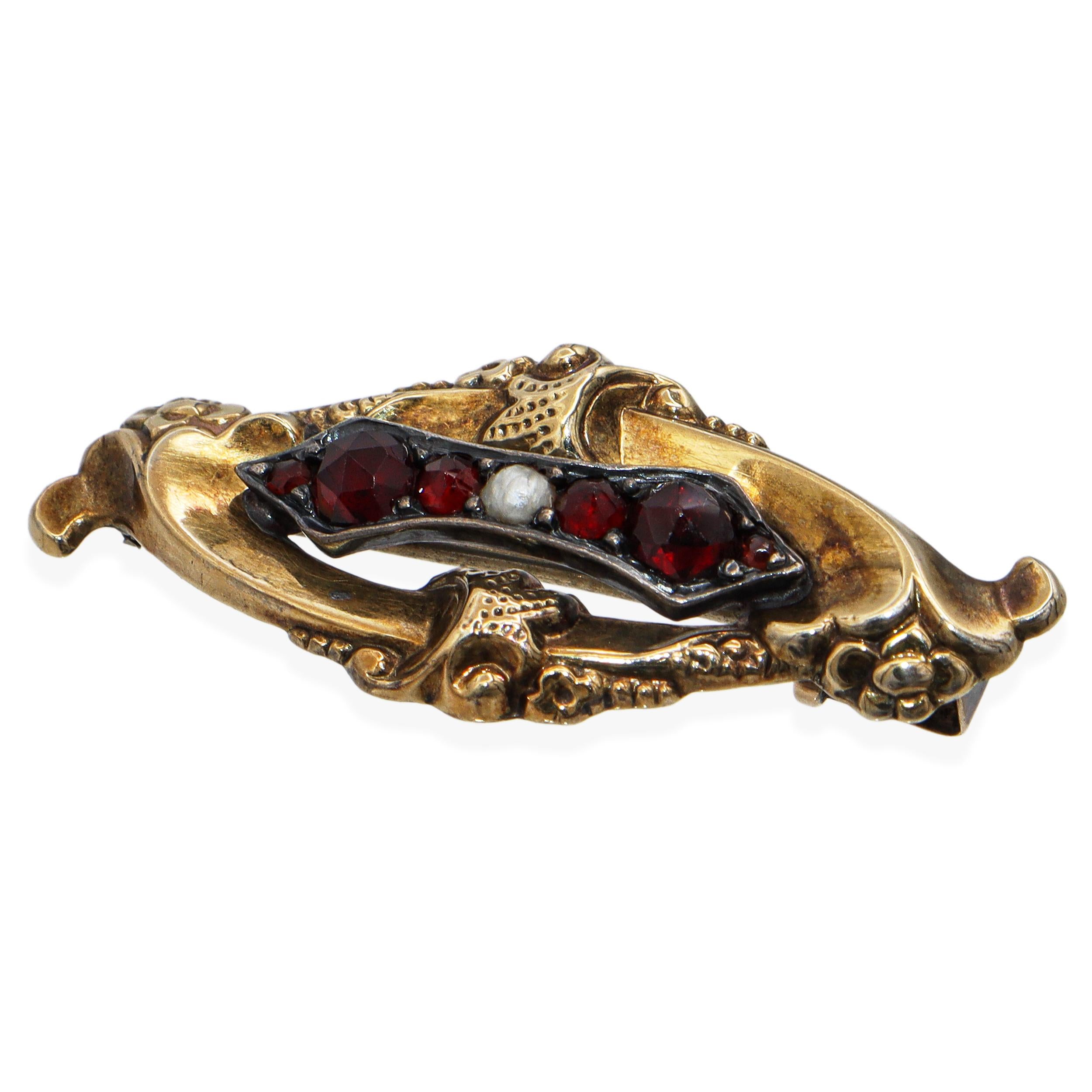 Antique Victorian 14K Yellow Gold Garnet and Seed Pearl Brooch Pin