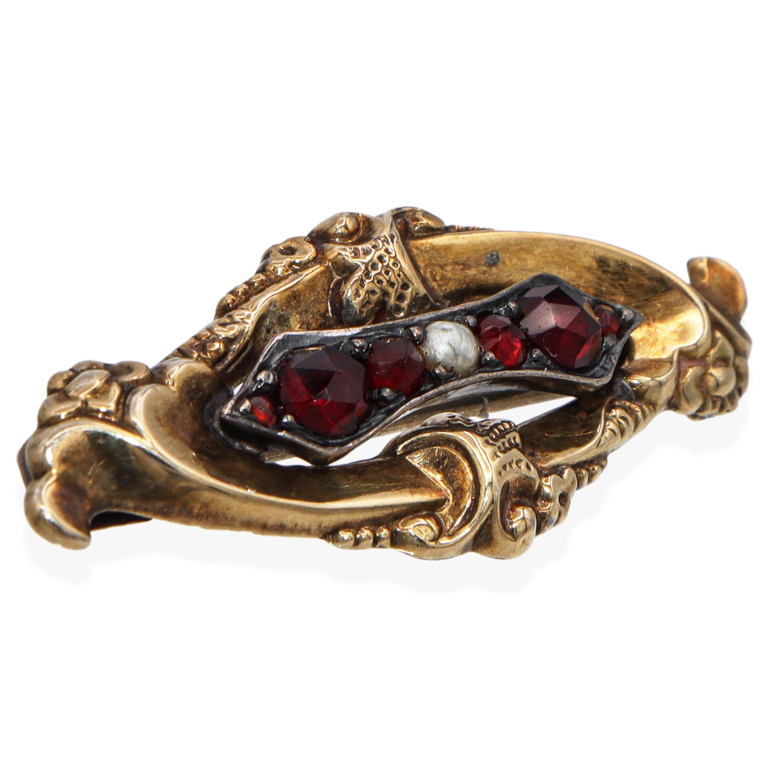 Antique Victorian 14K Yellow Gold Garnet and Seed Pearl Brooch Pin