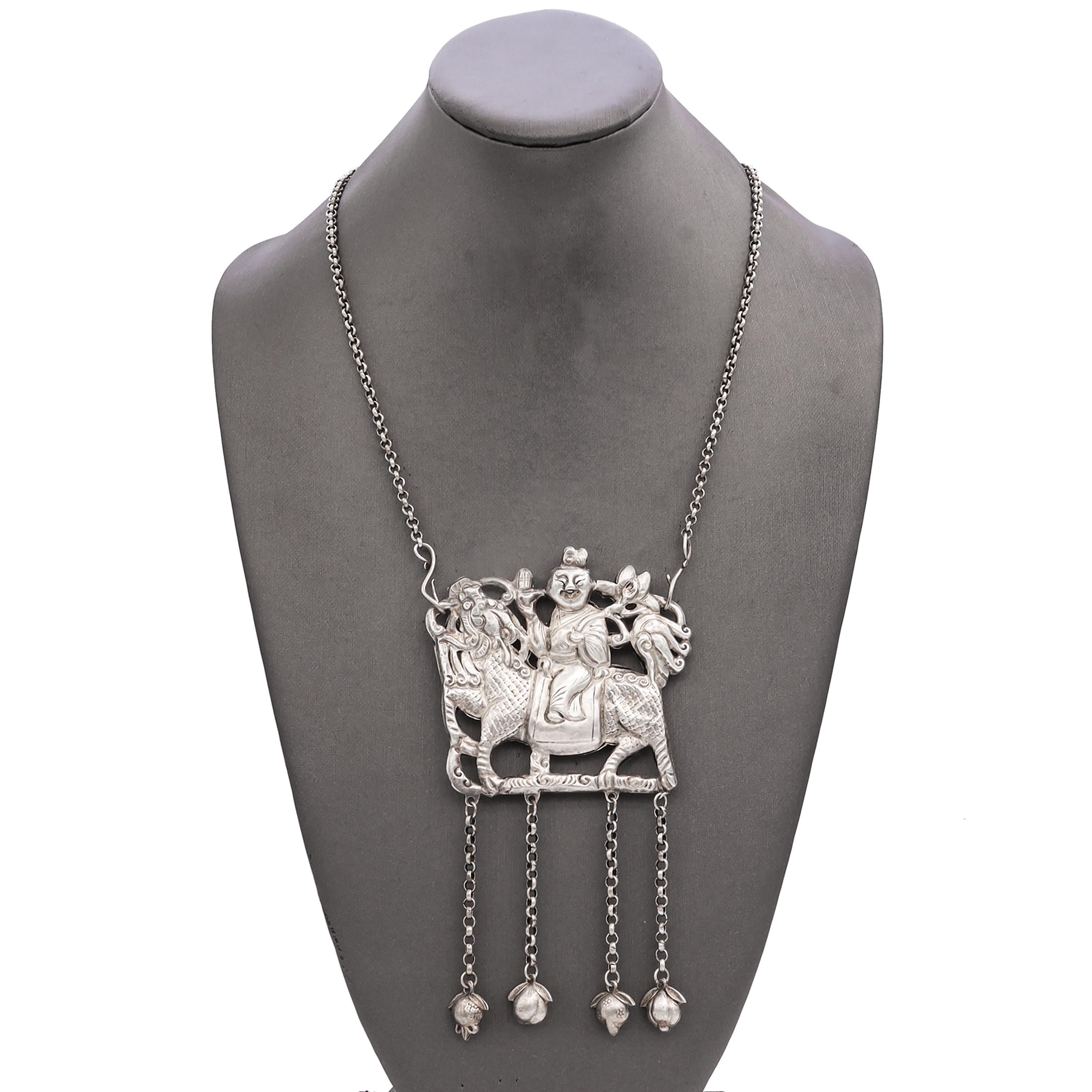 Vintage Sterling Silver Chinese Qilin and Hanging Bell Necklace