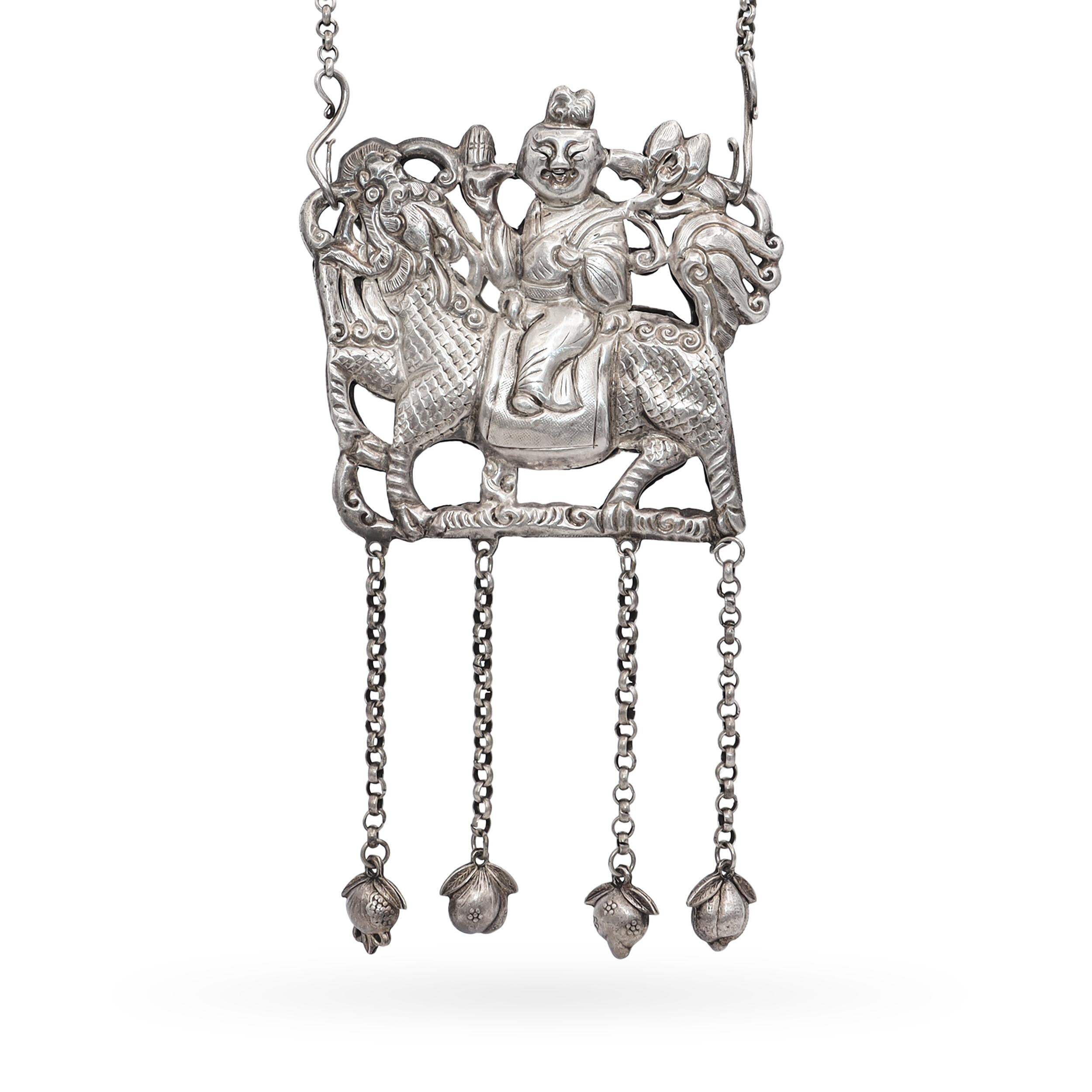 Vintage Sterling Silver Chinese Qilin and Hanging Bell Necklace