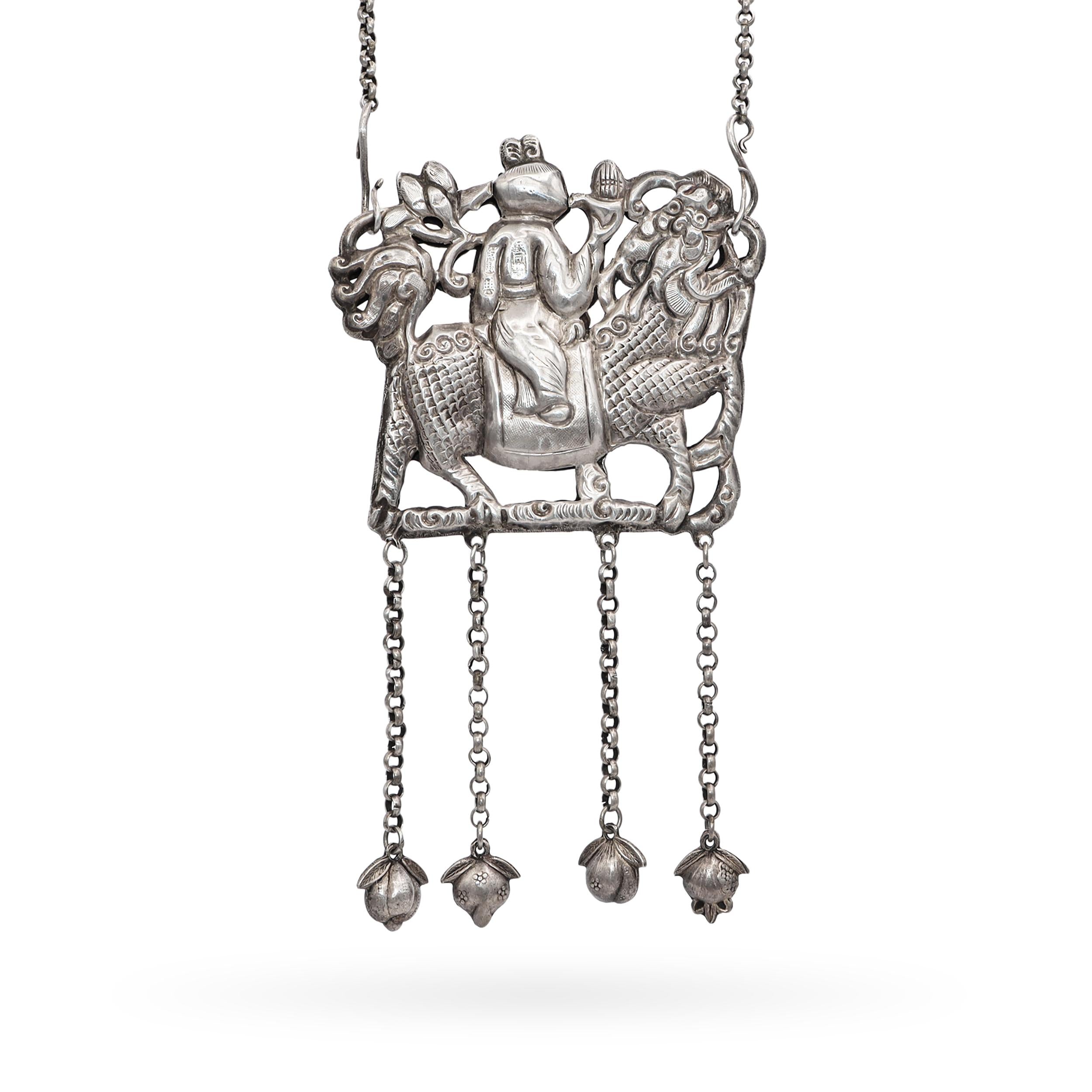 Vintage Sterling Silver Chinese Qilin and Hanging Bell Necklace