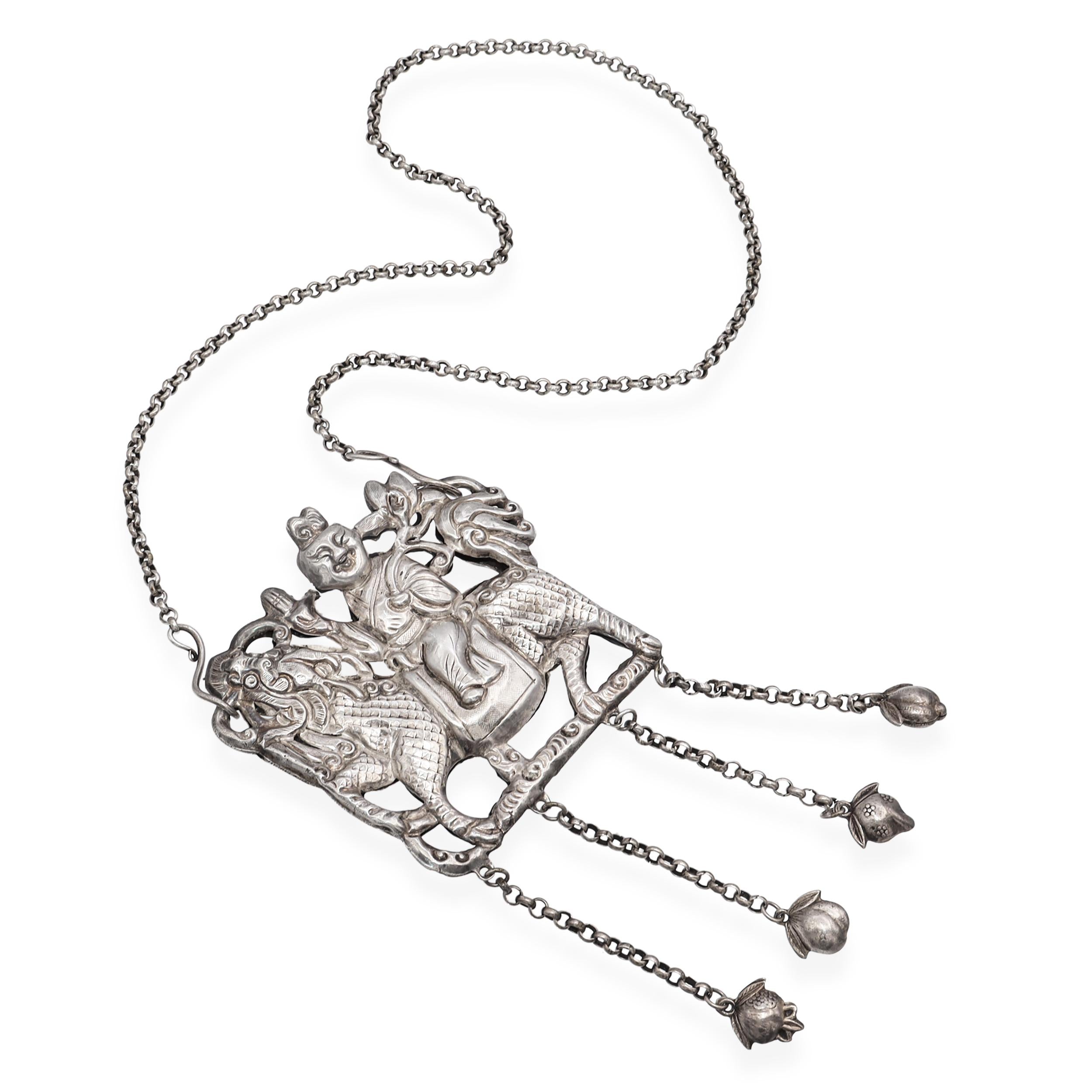 Vintage Sterling Silver Chinese Qilin and Hanging Bell Necklace