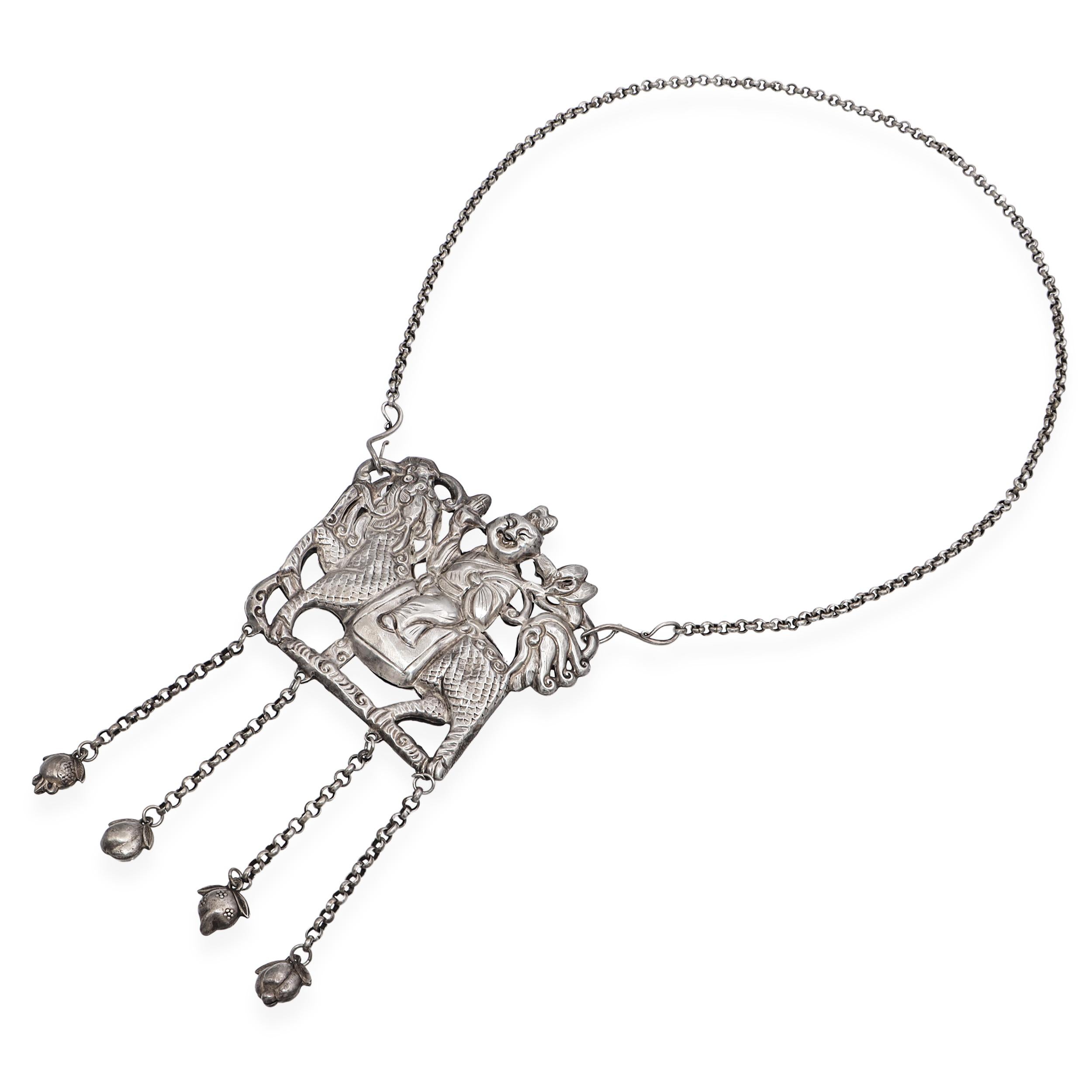 Vintage Sterling Silver Chinese Qilin and Hanging Bell Necklace