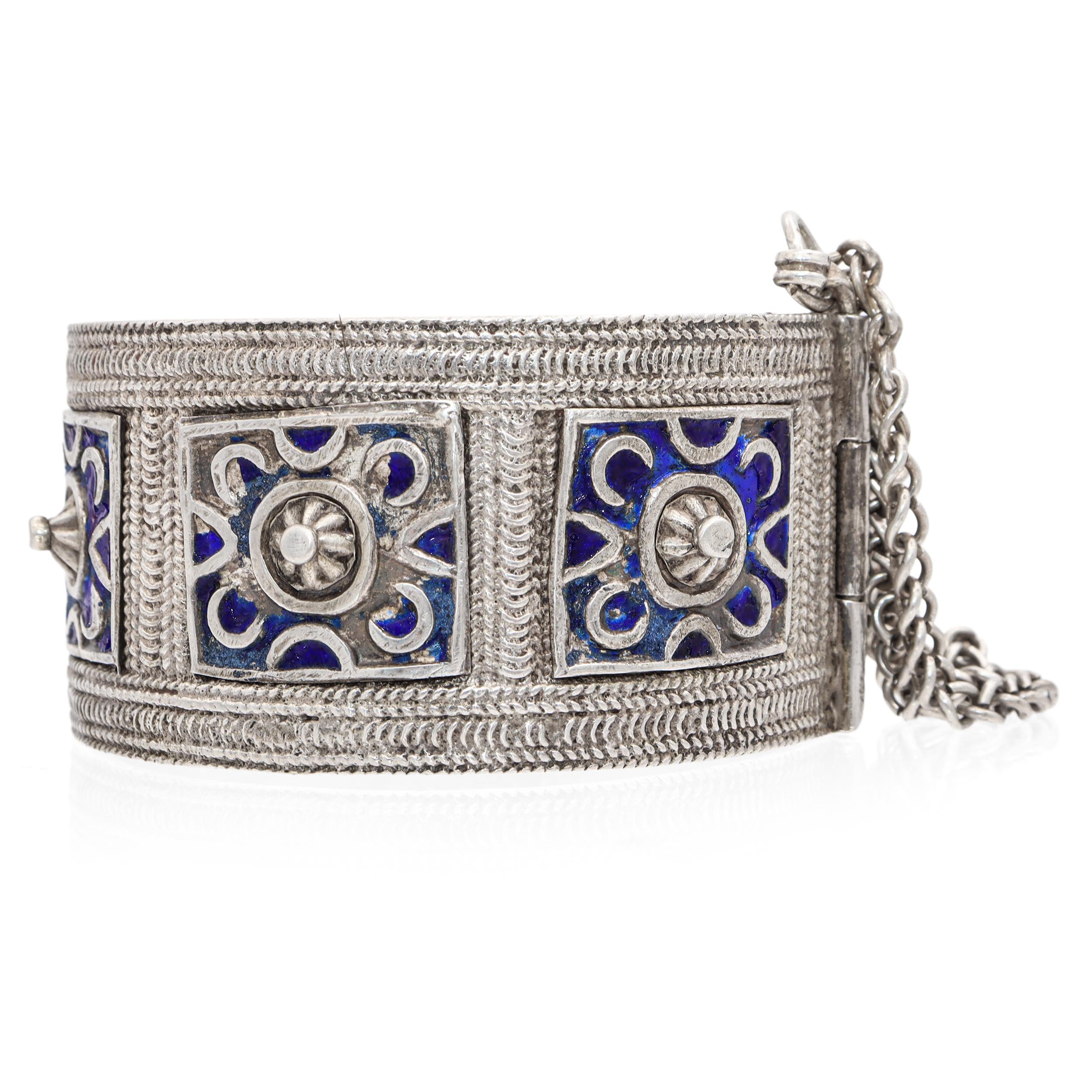 Vintage North African Silver and Blue Enamel Cuff Bracelet