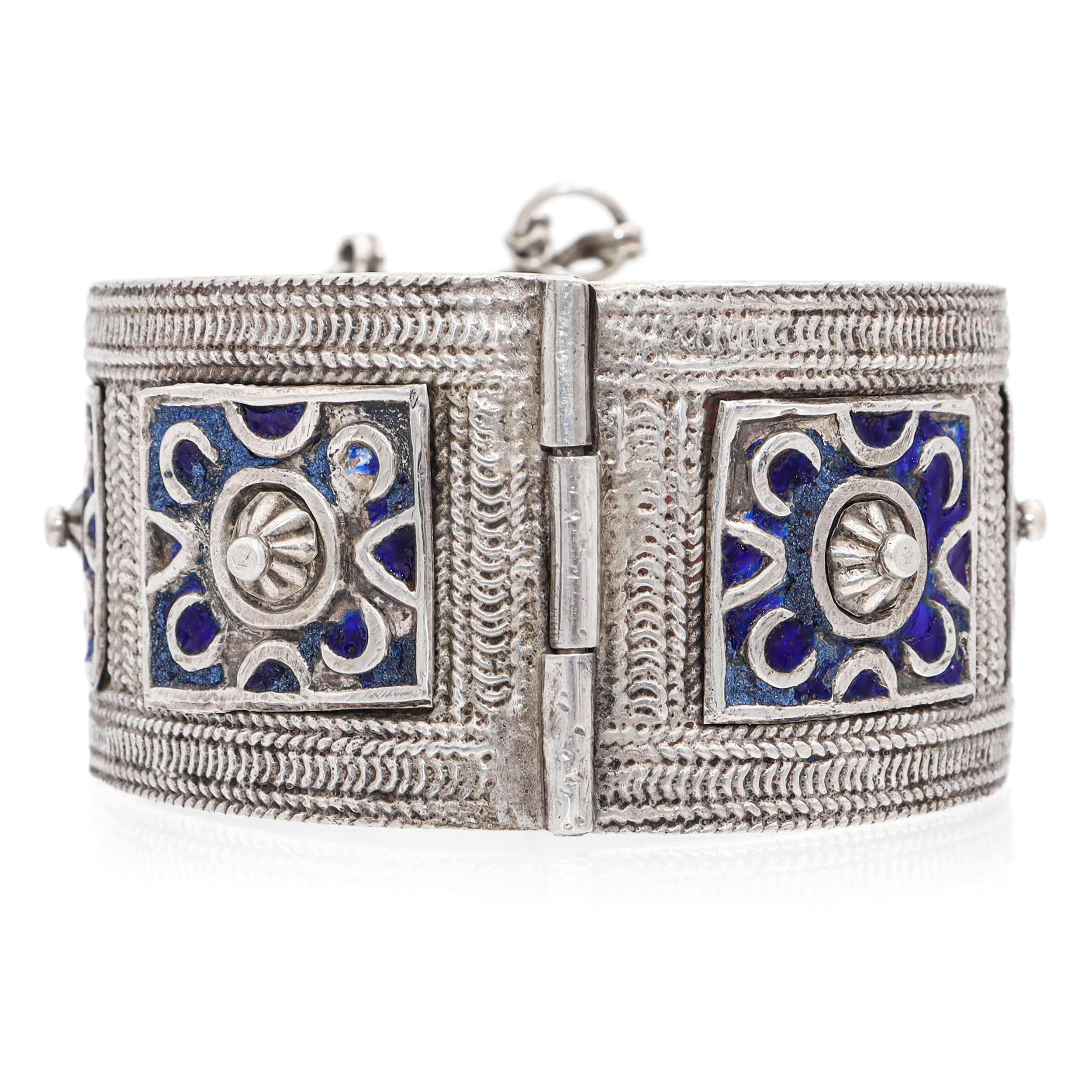 Vintage North African Silver and Blue Enamel Cuff Bracelet