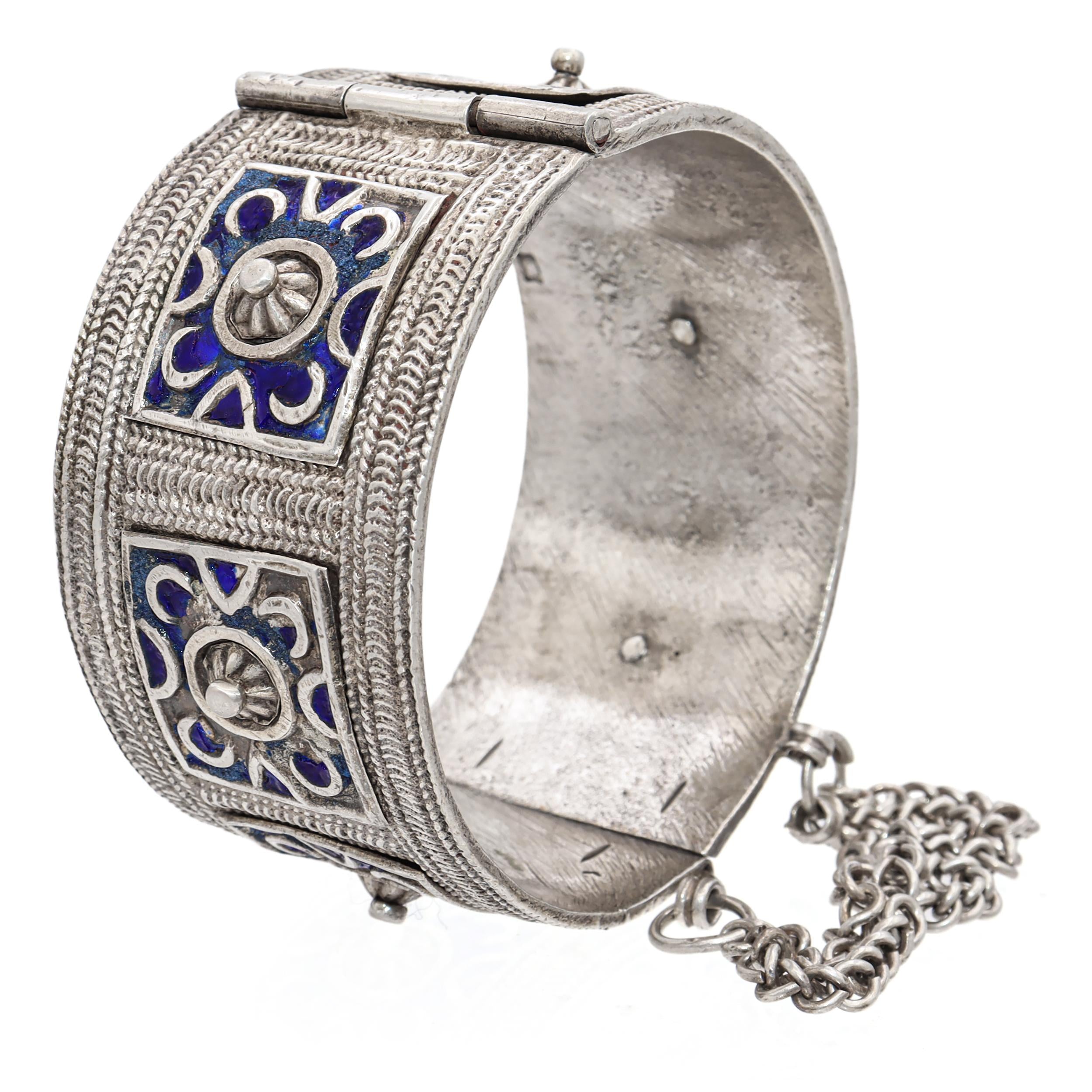 Vintage North African Silver and Blue Enamel Cuff Bracelet