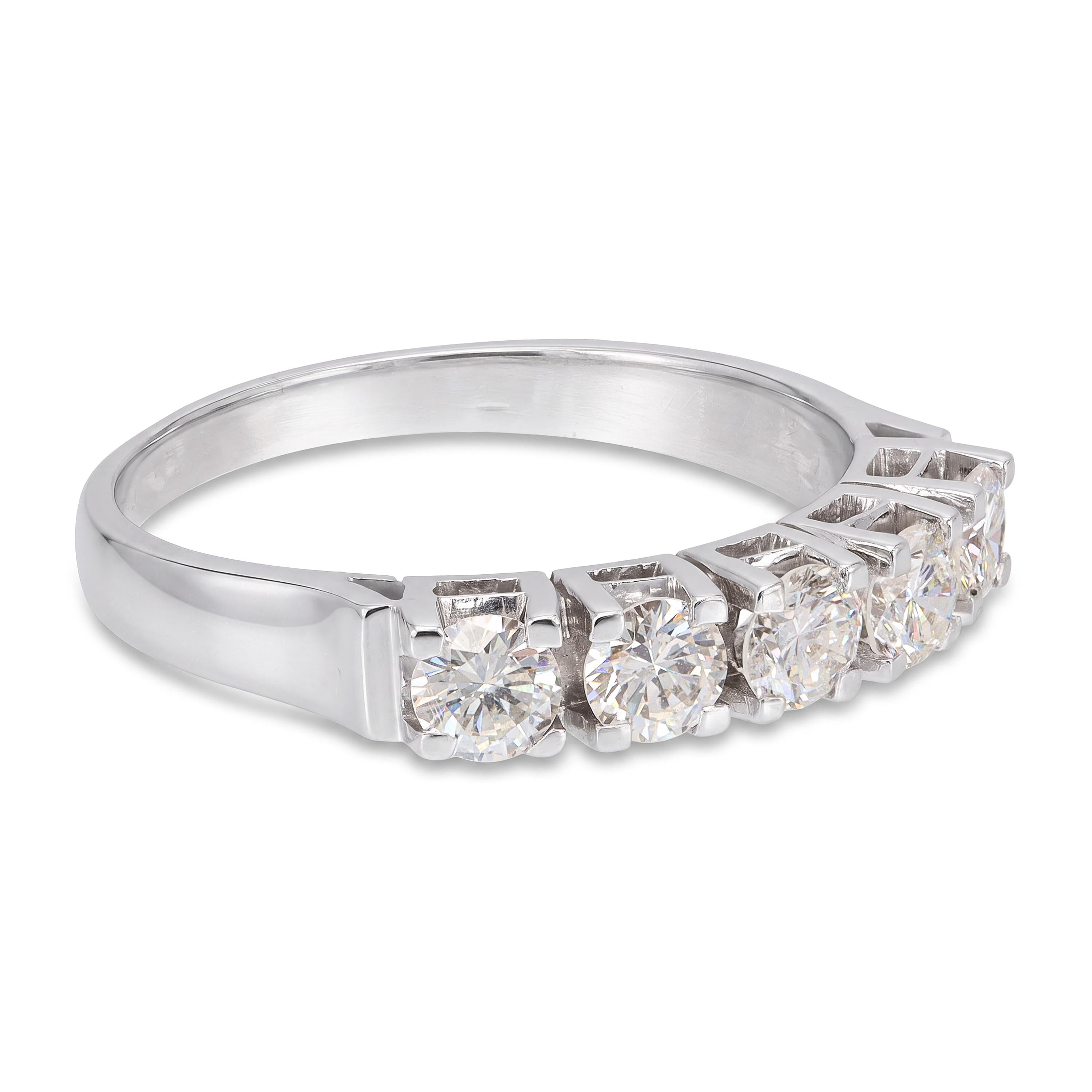 Vintage 14k White Gold 0.85tcw Diamond Five Stone Band Ring