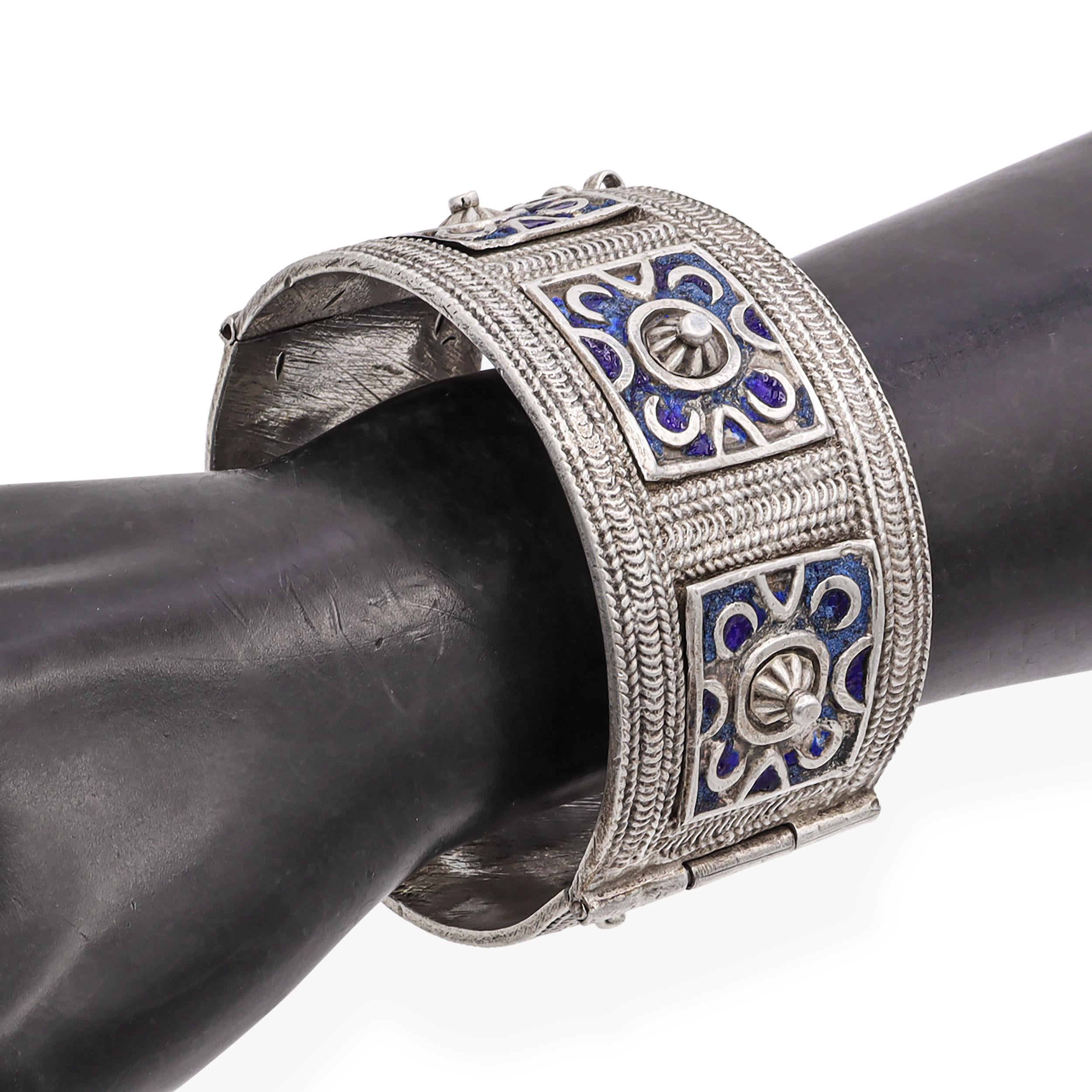 Vintage North African Silver and Blue Enamel Cuff Bracelet