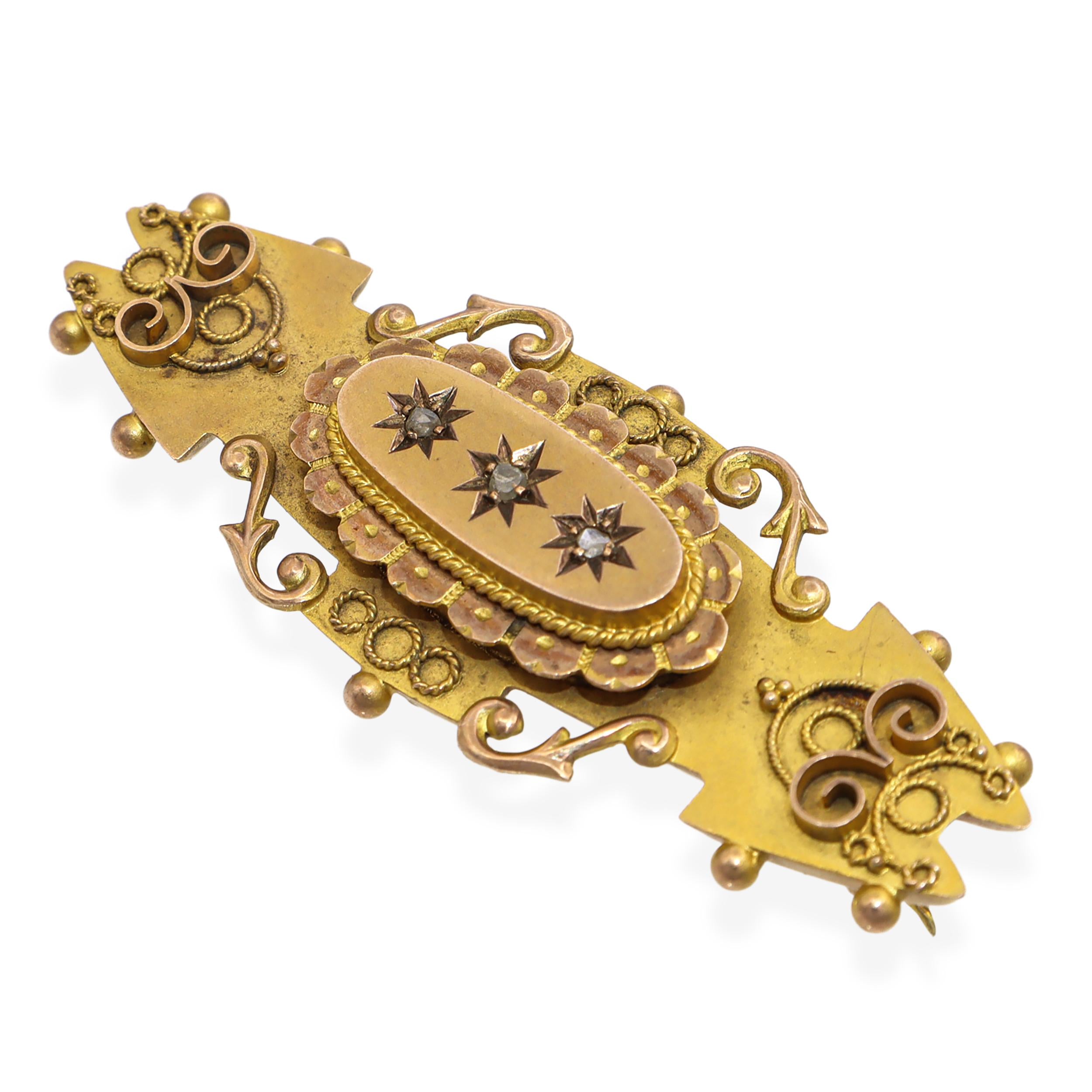 Antique Edwardian English 9kt Yellow Gold and Rose Cut Diamond Brooch