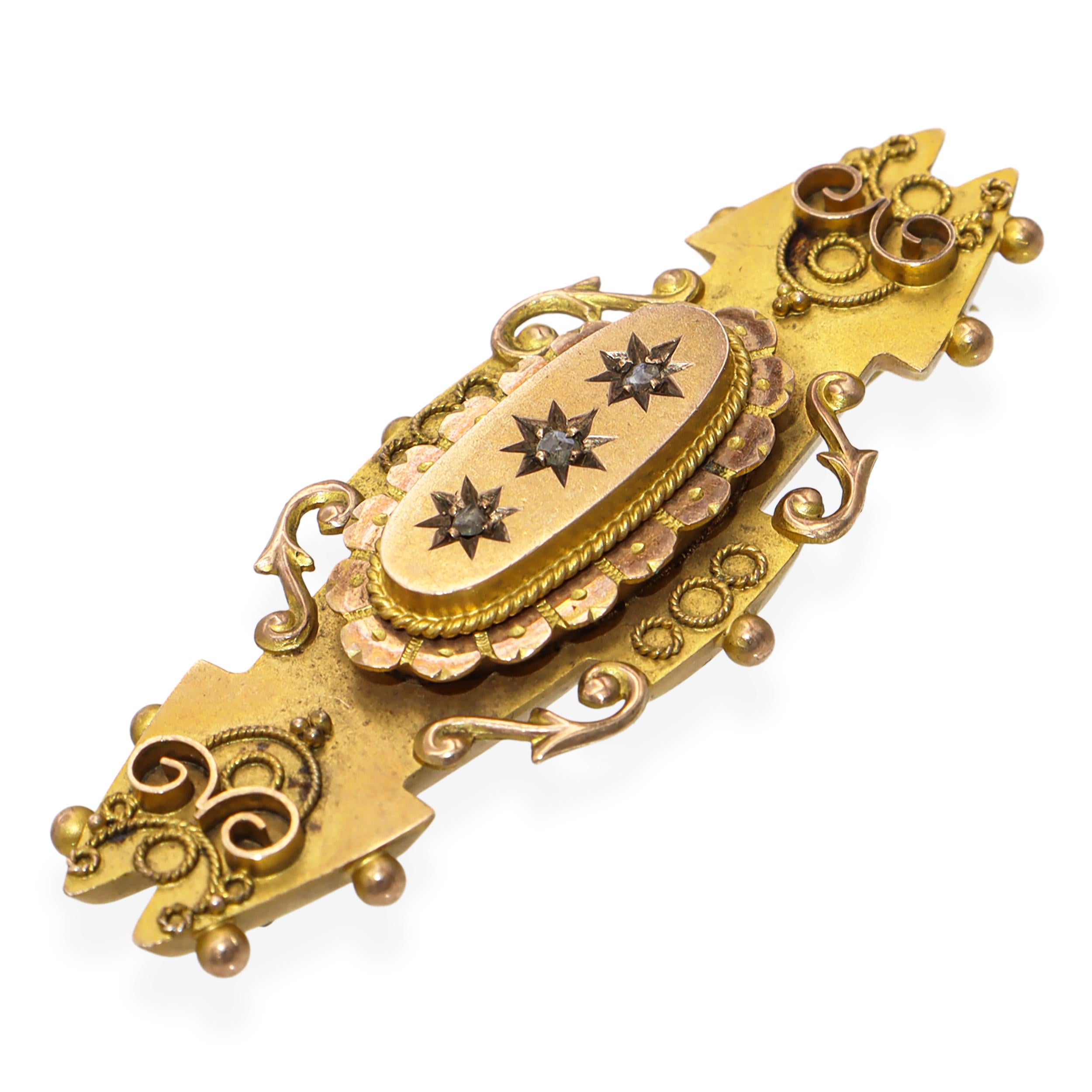 Antique Edwardian English 9kt Yellow Gold and Rose Cut Diamond Brooch