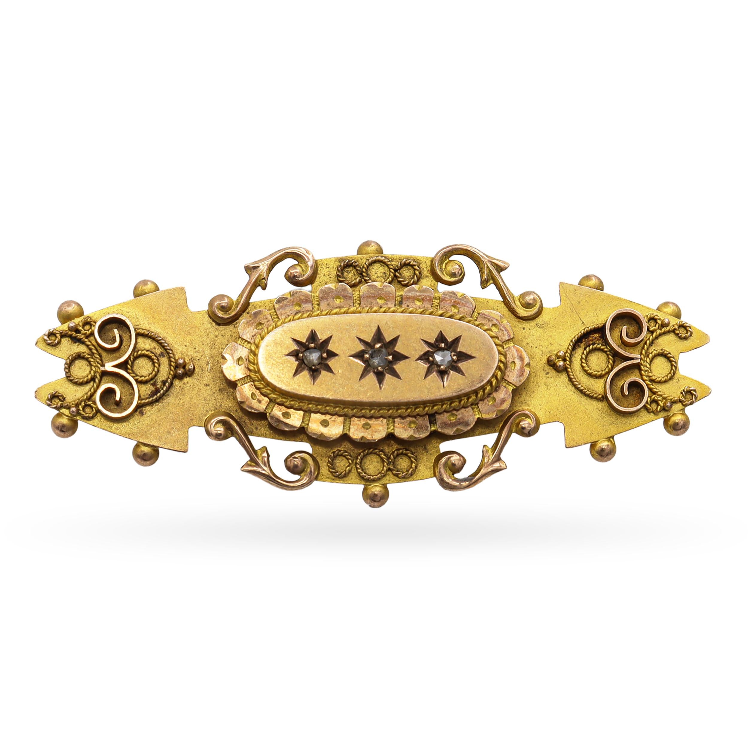Antique Edwardian English 9kt Yellow Gold and Rose Cut Diamond Brooch