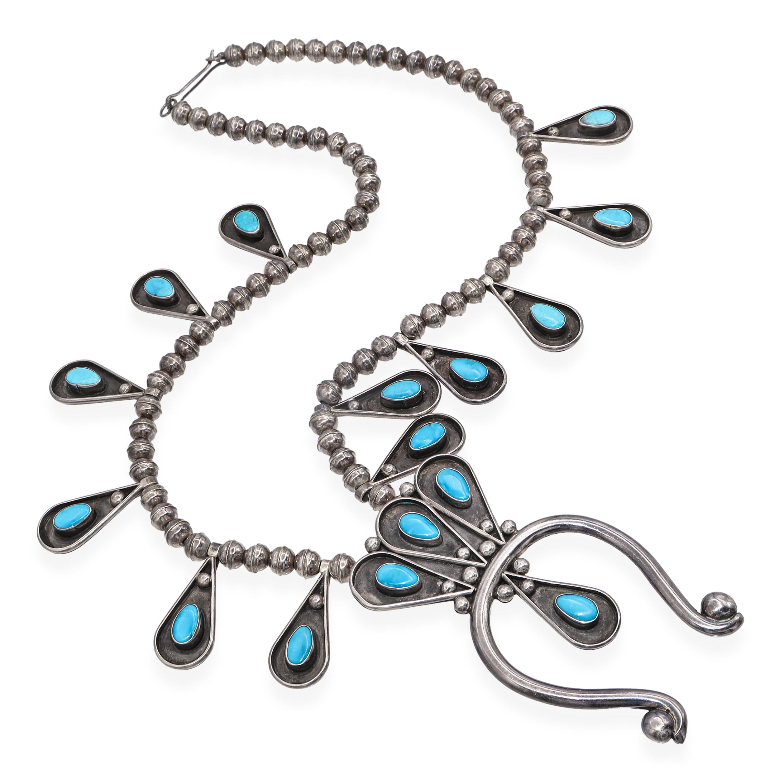 Vintage Sterling Silver Navajo Turquoise Squash Blossom Necklace
