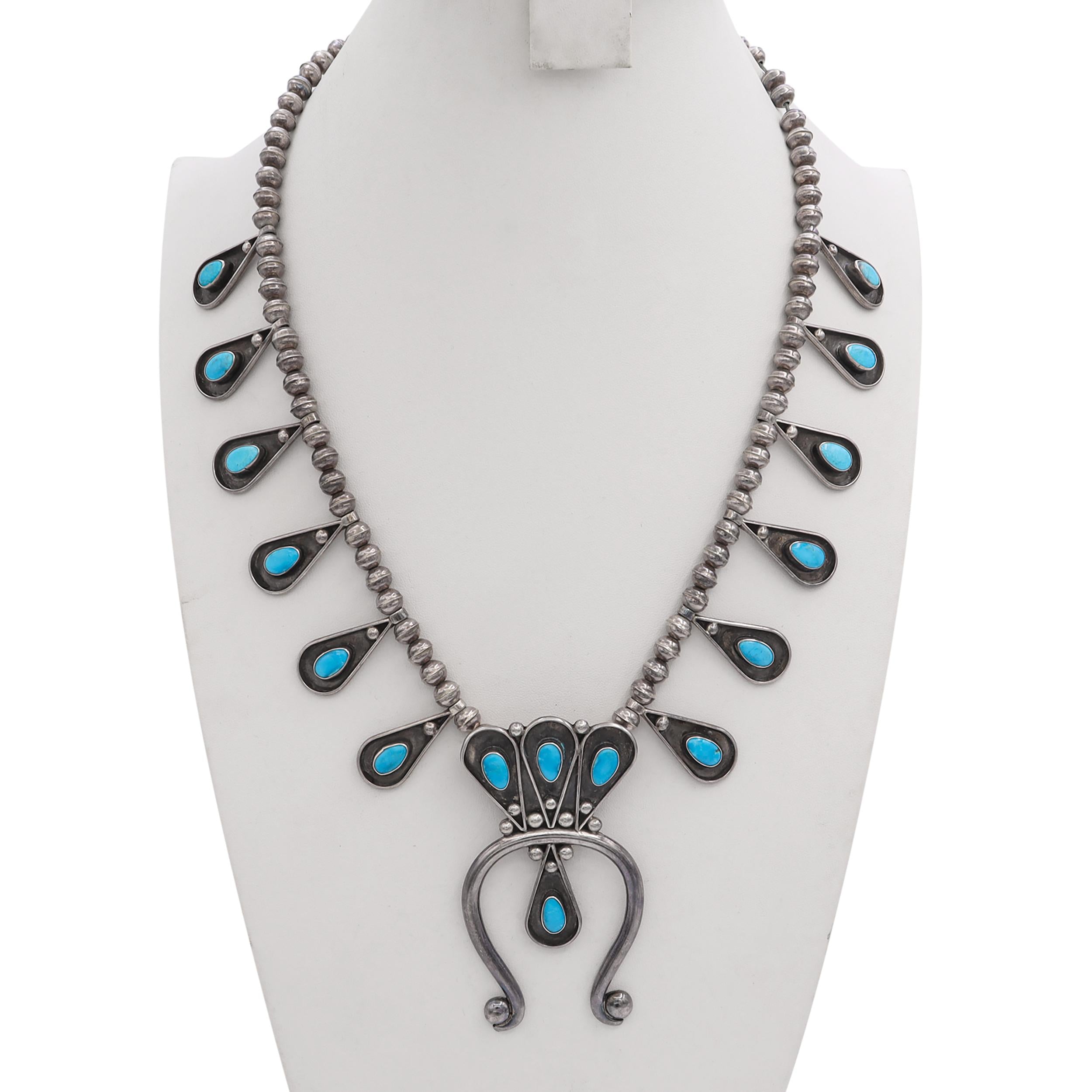 Vintage Sterling Silver Navajo Turquoise Squash Blossom Necklace