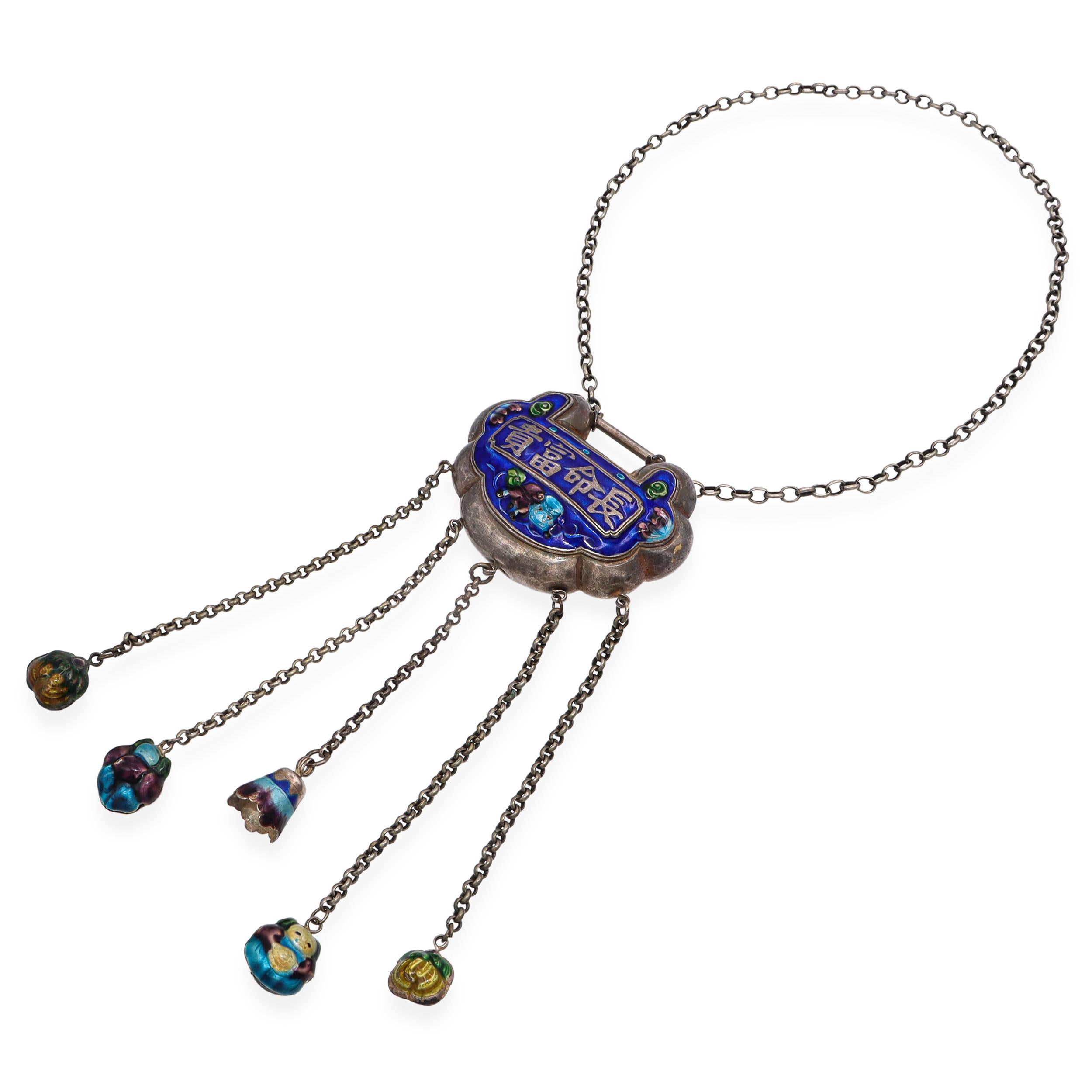 Vintage Chinese Silver and Enamel Bell Necklace