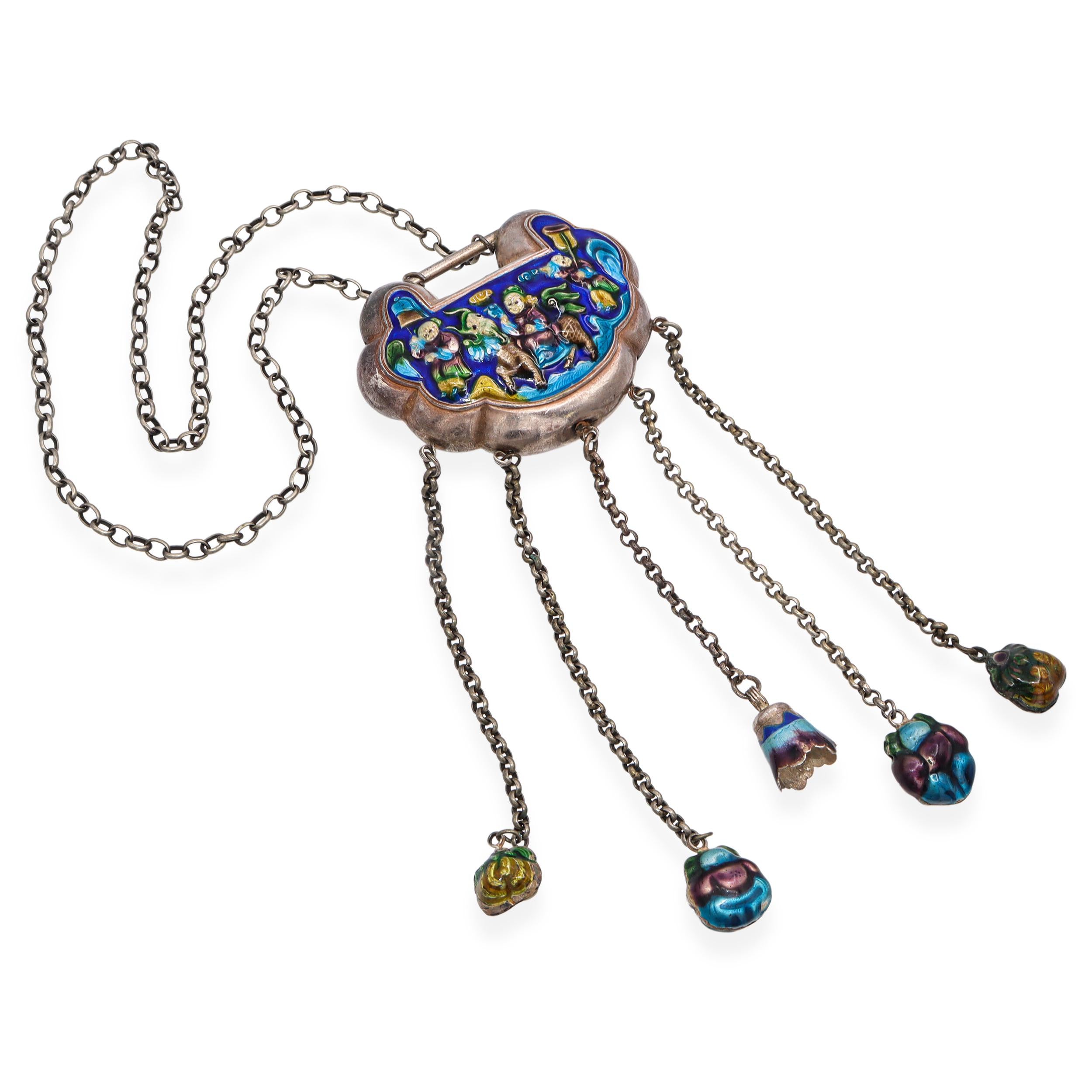 Vintage Chinese Silver and Enamel Bell Necklace