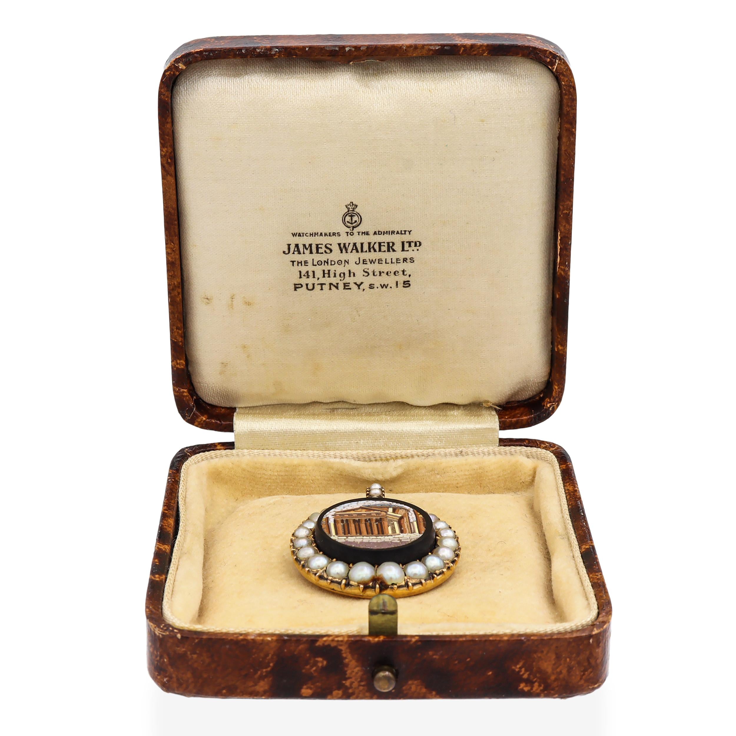 Antique 1870s 10k Yellow Gold Micro Mosiac Pearl Mourning Pendant
